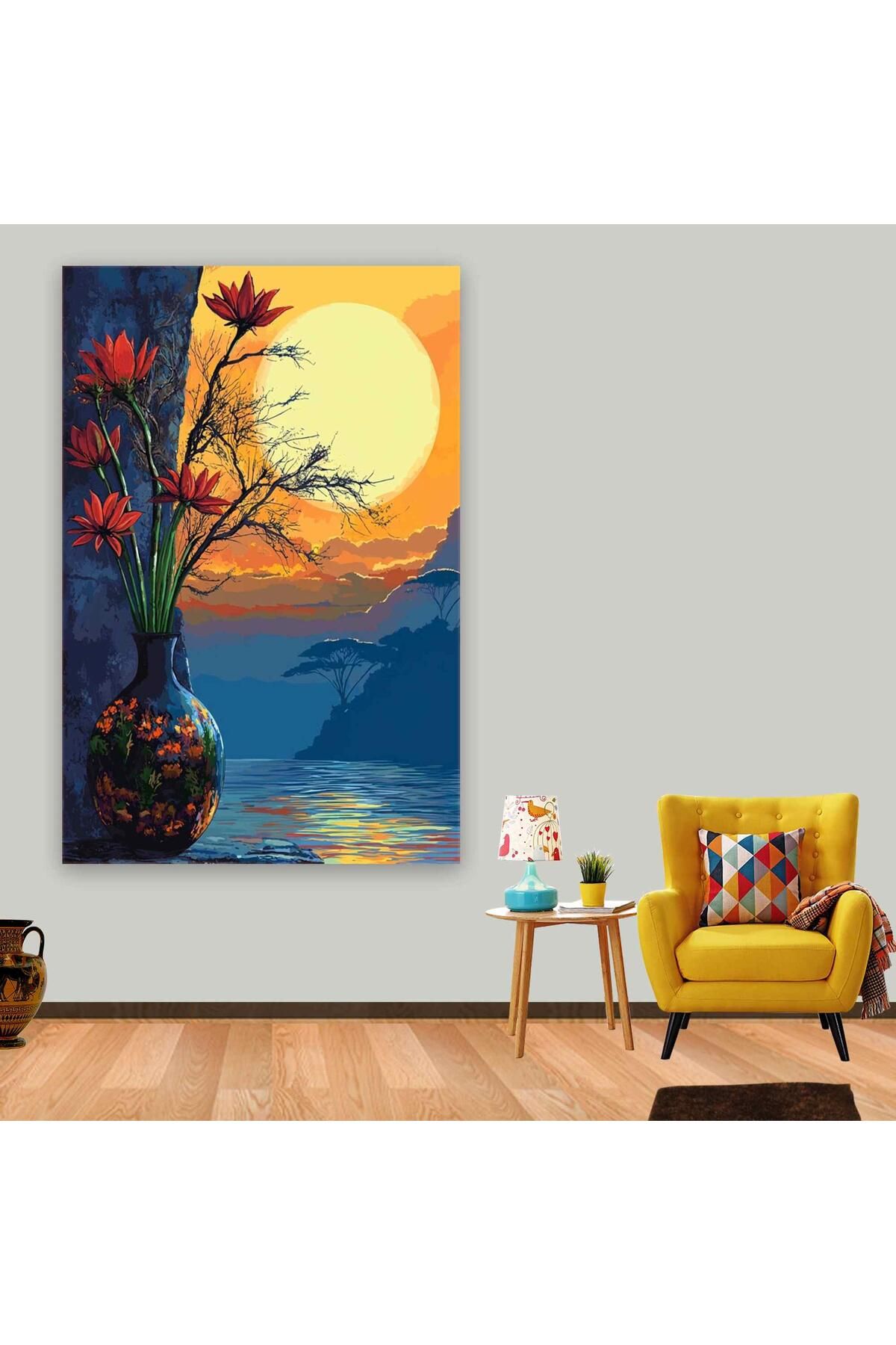 Ritmo Canvas Gün Batımı ve Vazodaki Çiçek Kanvas Tablo