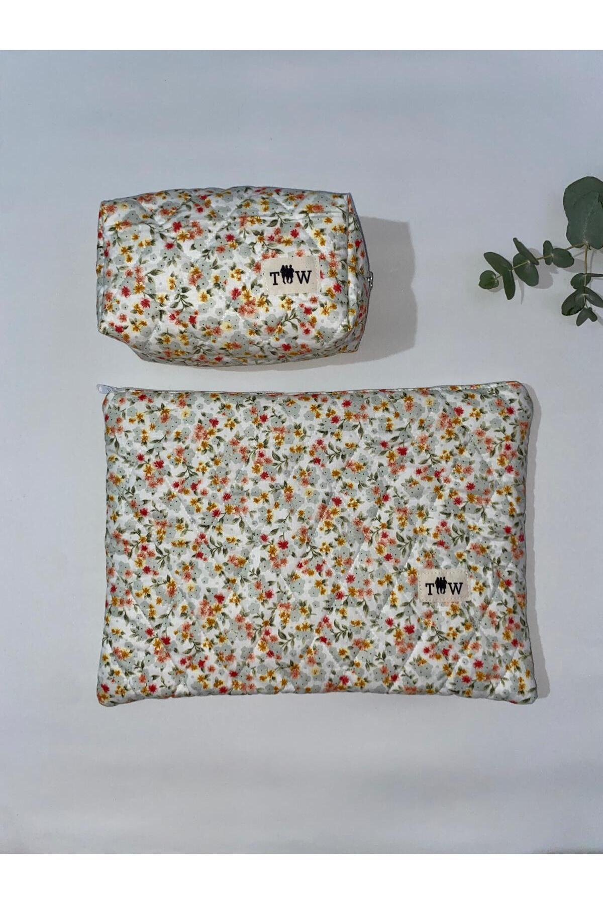 TALL WAY Turuncu çiçek Laptop kılıf-kalem çantası set (15-16 inç)