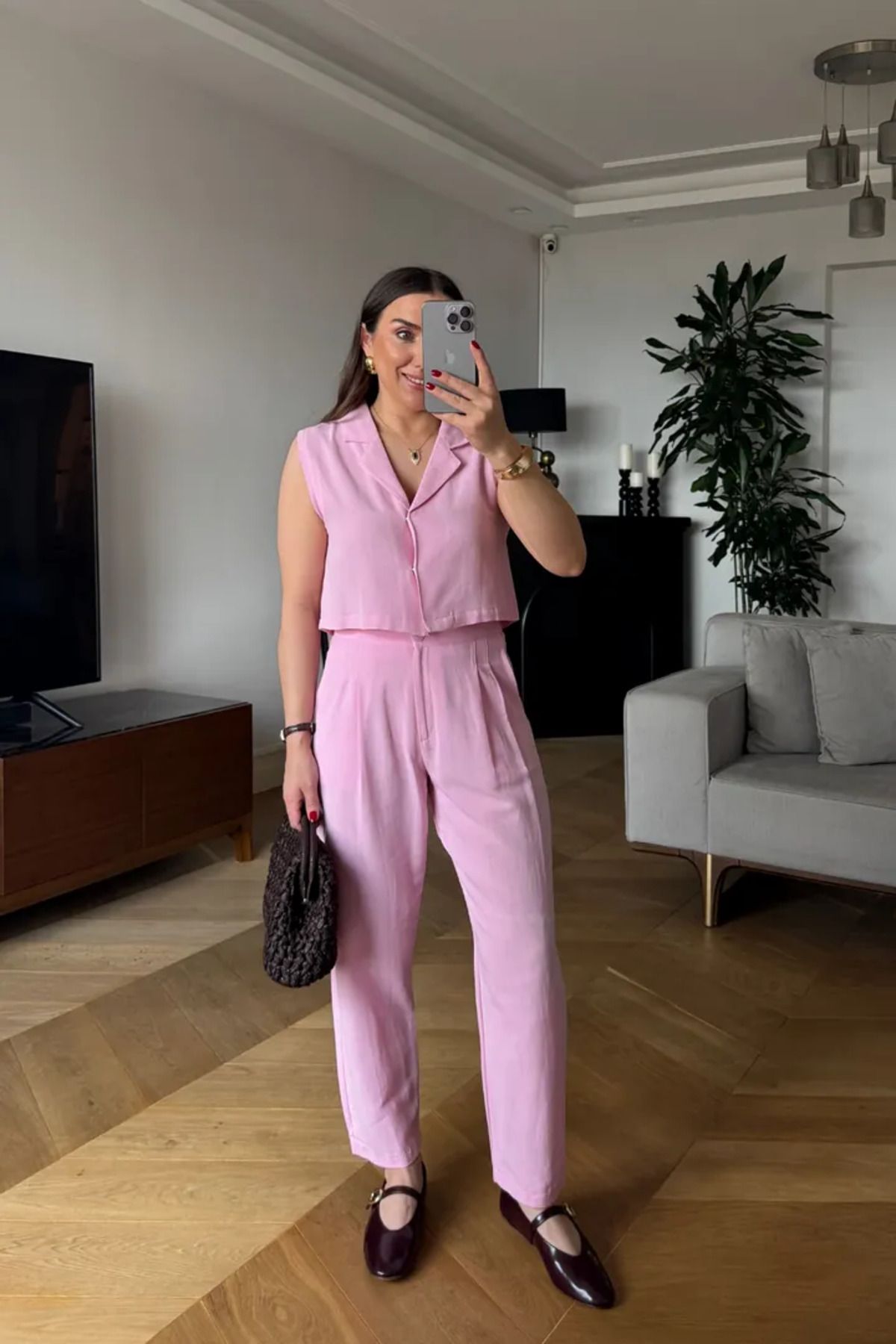 Tuba Butik Keten Yelek Pantolon Kadın Takım