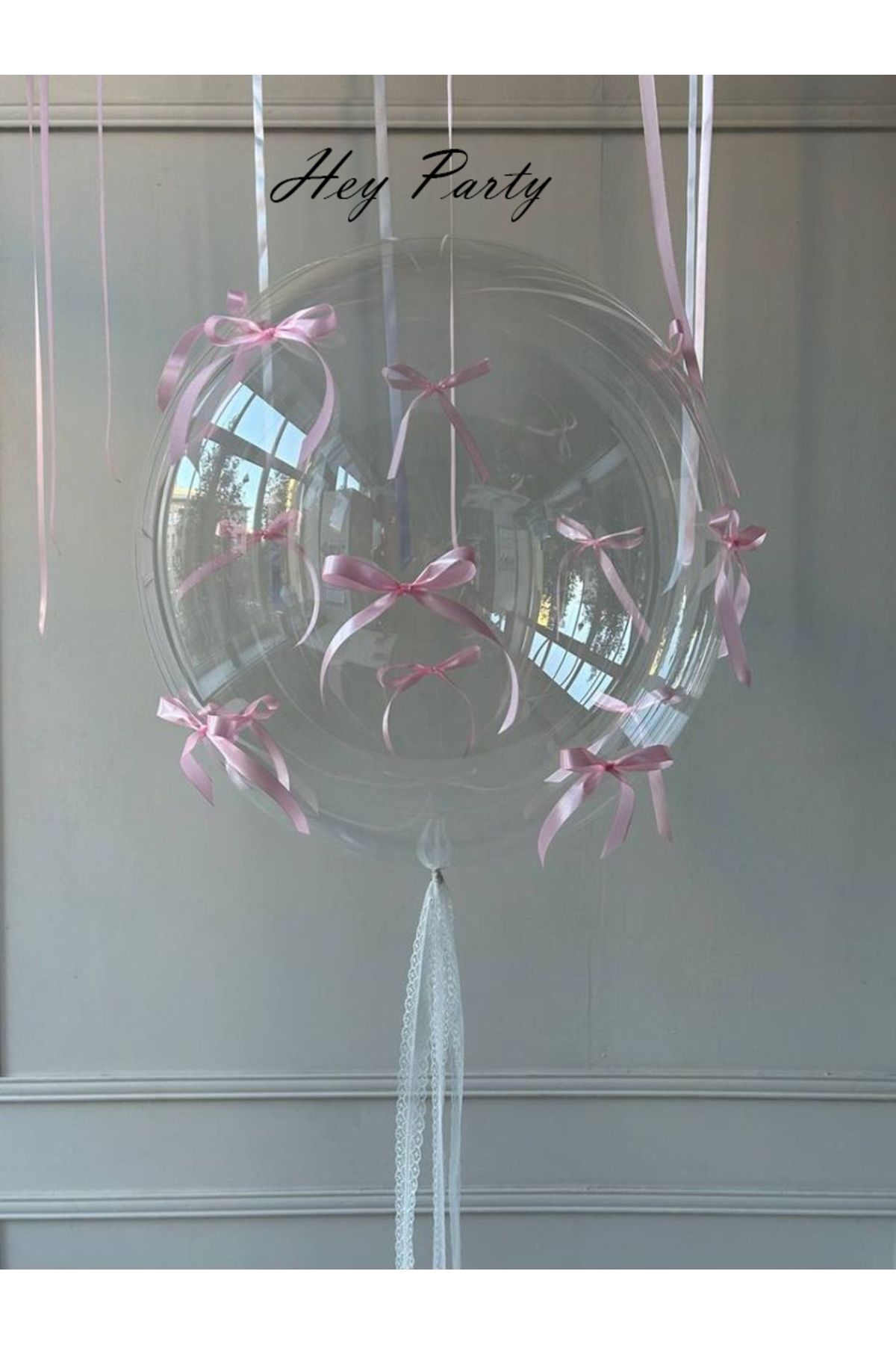 PartyPoo 10 Adet Açk Pembe Fiyonk Kurdeleli - 1 Adet Şeffaf Bobo Balon Seti - Fiyonklu Balon, Kurdeleli Balon