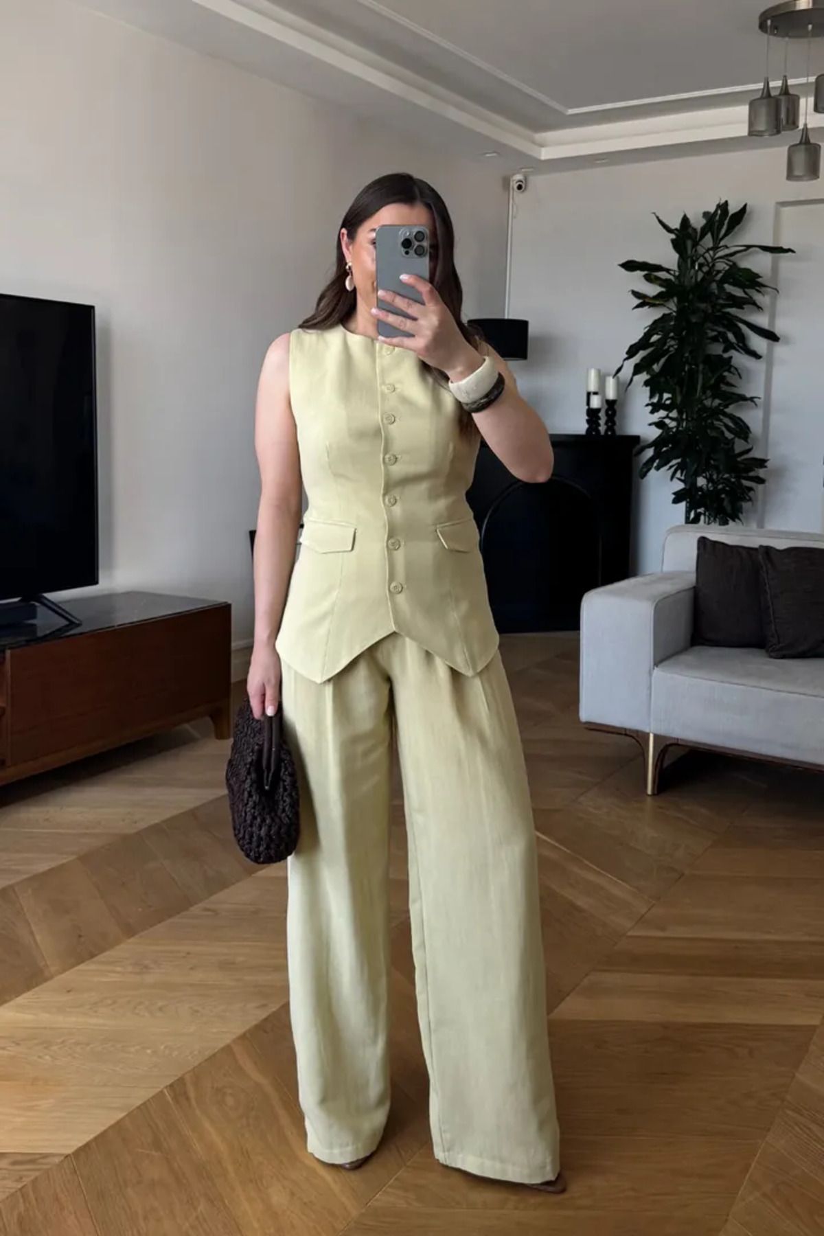 Tuba Butik Pile Detaylı Keten Karışımlı Kadın Pantolon
