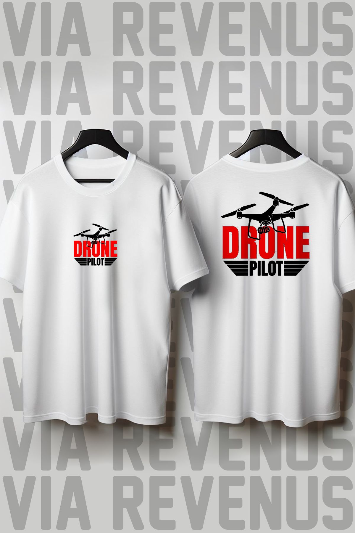 Vordevia Drone Pilot Ön ve Arka Baskılı Bisiklet Yaka Geniş Kalıp Unisex Tshirt