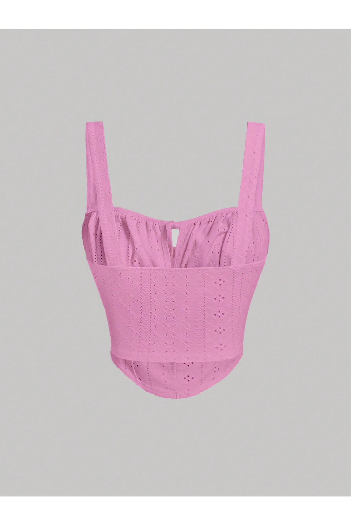 Marin Star Toz Pembe Nakış Desenli Göğüs Dekolteli Önden Bağcıklı Askılı Crop, Şeker Pembe Nakış Desenli Bluz görsel 5