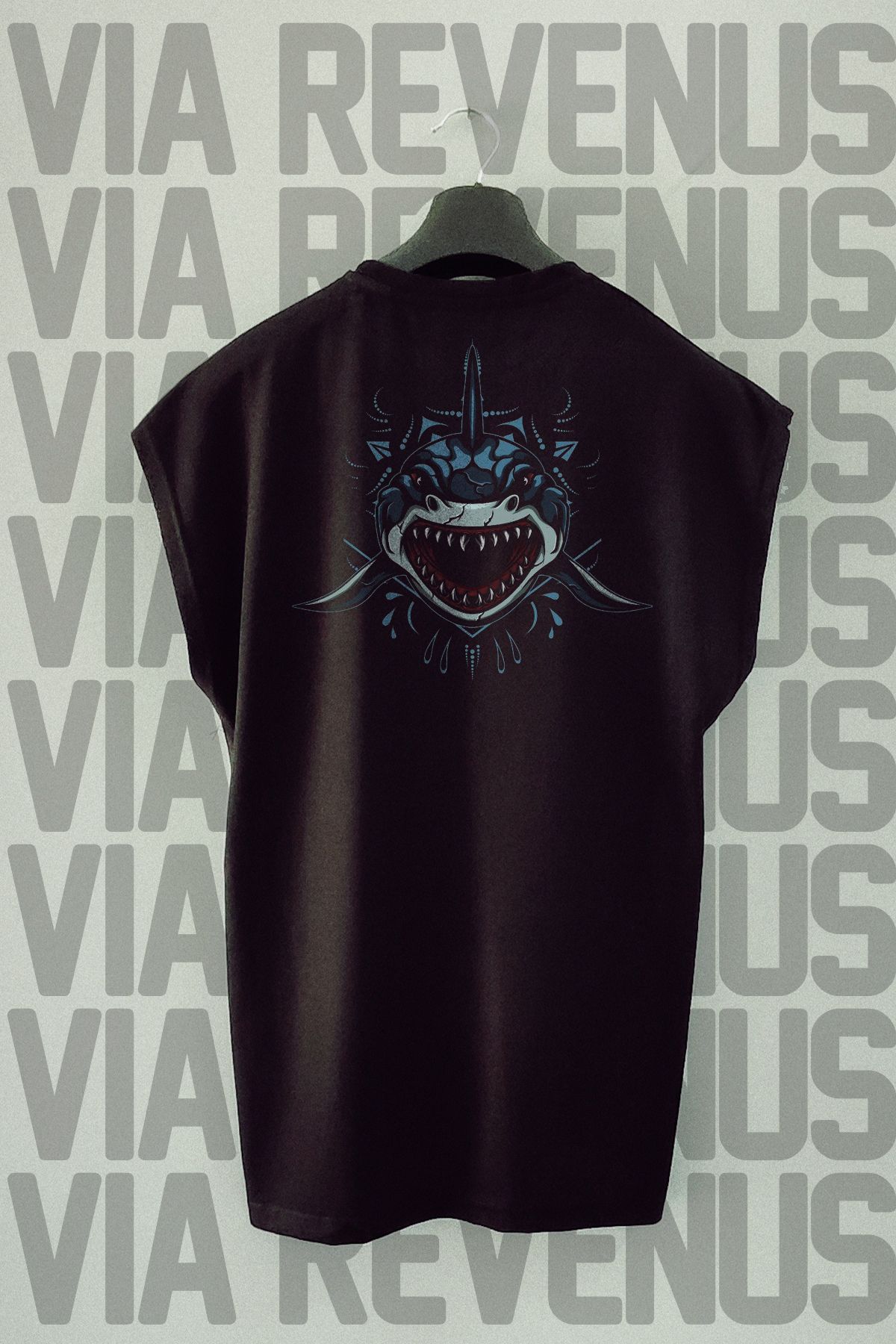 Vordevia Shark Sırt Baskılı Sıfır Kollu Bisiklet Yaka Spor Tshirt