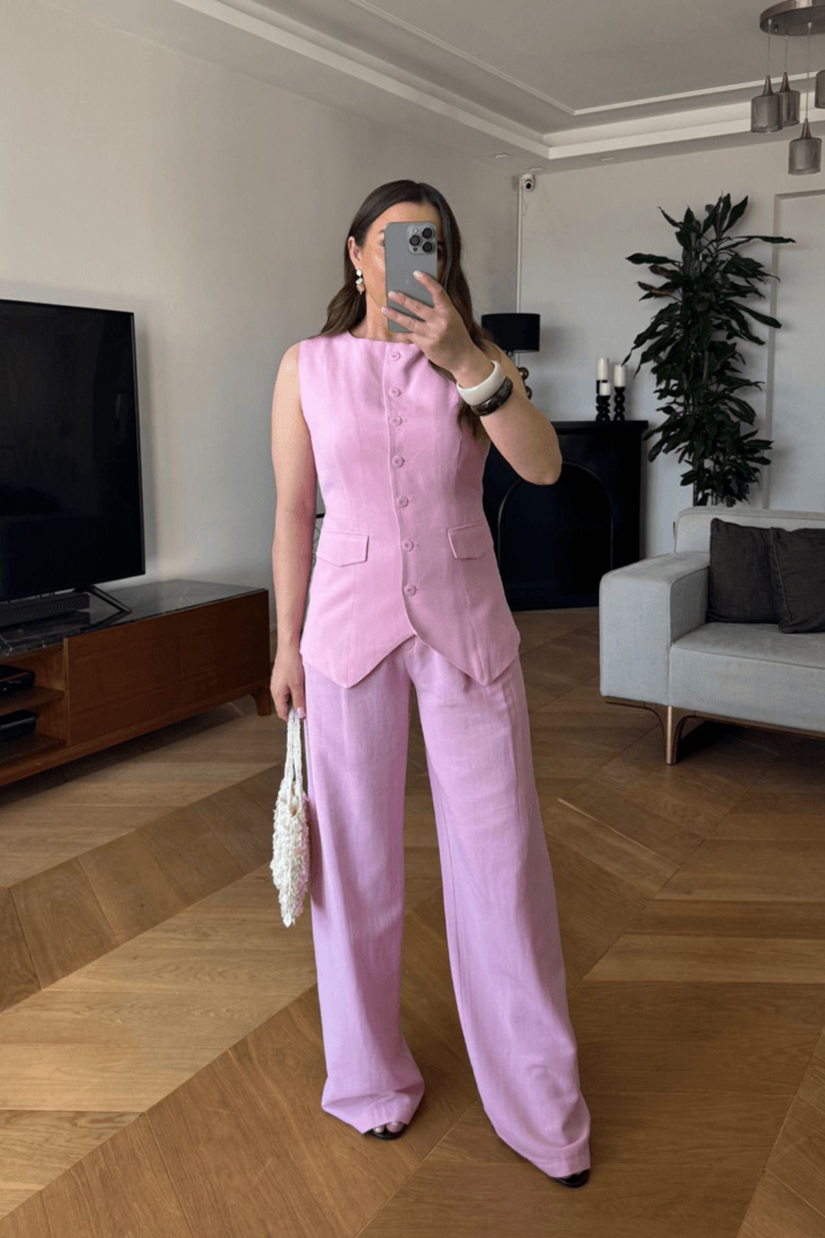 Tuba Butik Pile Detaylı Keten Karışımlı Kadın Pantolon