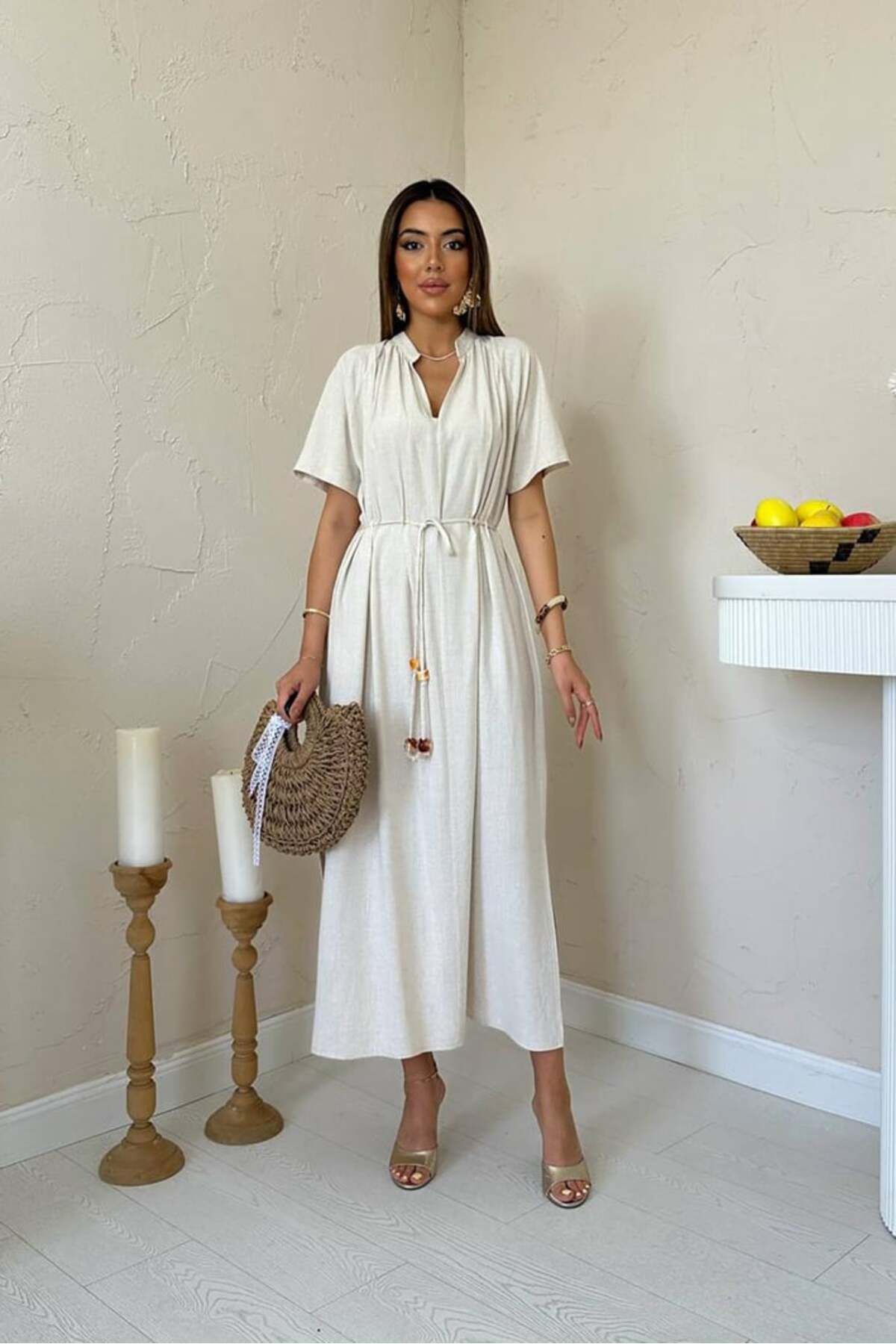 Castivo Fashion Keten Dokulu Beli Bağcıklı Yırtmaçlı Maxi Elbise