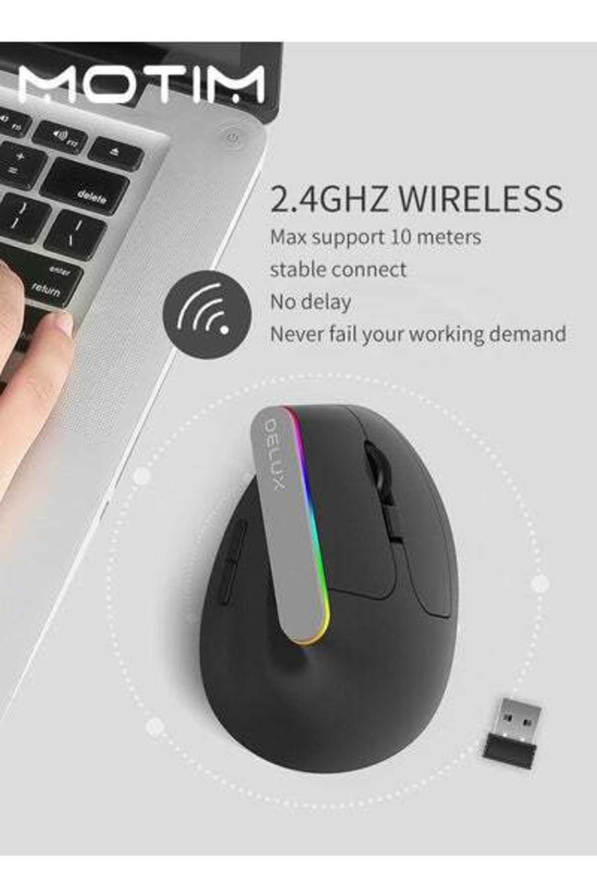 MOTIM-ماوس عمودي مريح، ماوس مكتب لاسلكي مريح RGB بسرعة 2.4 جيجاهرتز، نقرات هادئة 4