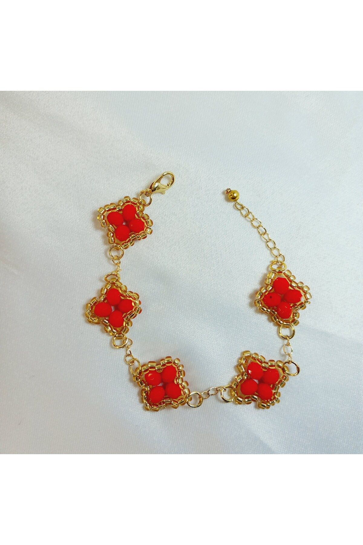 Crystal Atelier Kırmızı Kristal Taşlı Van Cleef Yonca Çelik Bileklik-Altın Kaplama Yonca Çift Taraflı Bileklik
