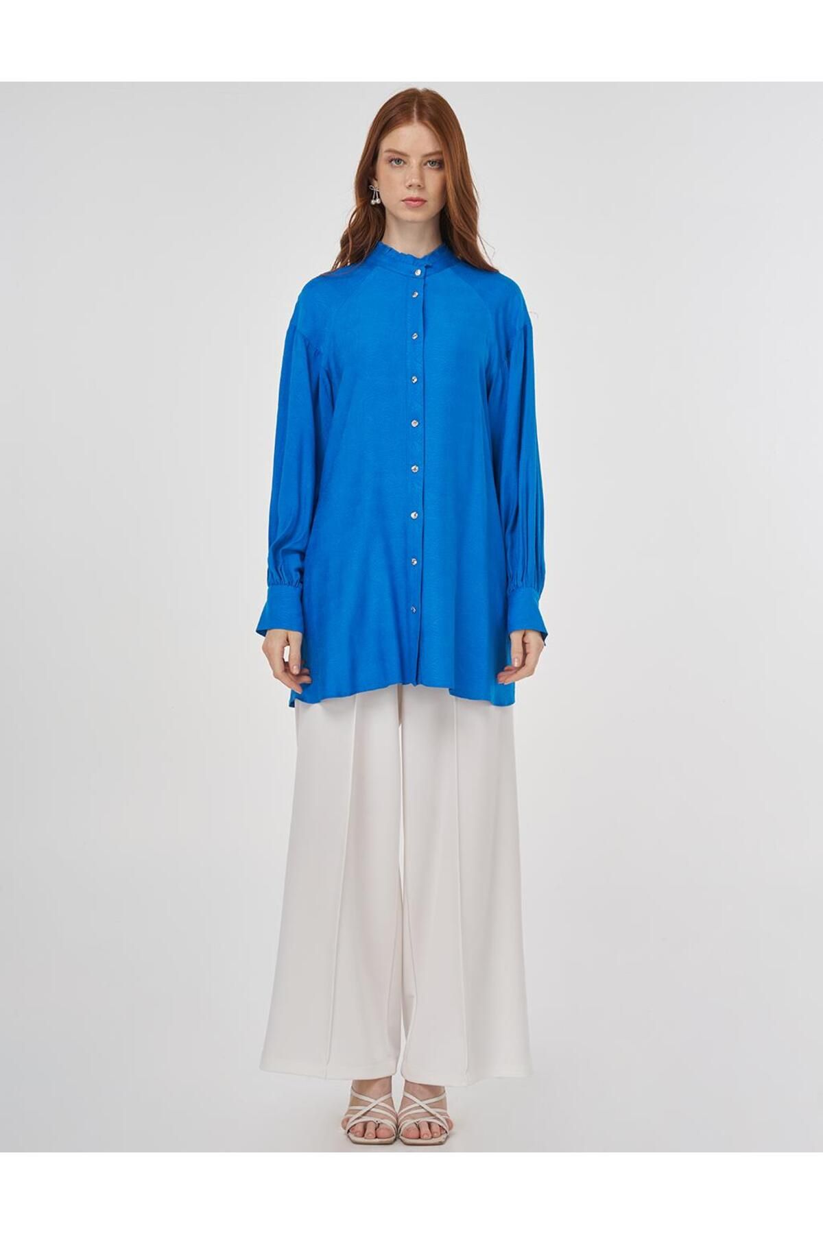Kayra-Viscose Tunic with Ruffle Collar Cobalt Blue 2