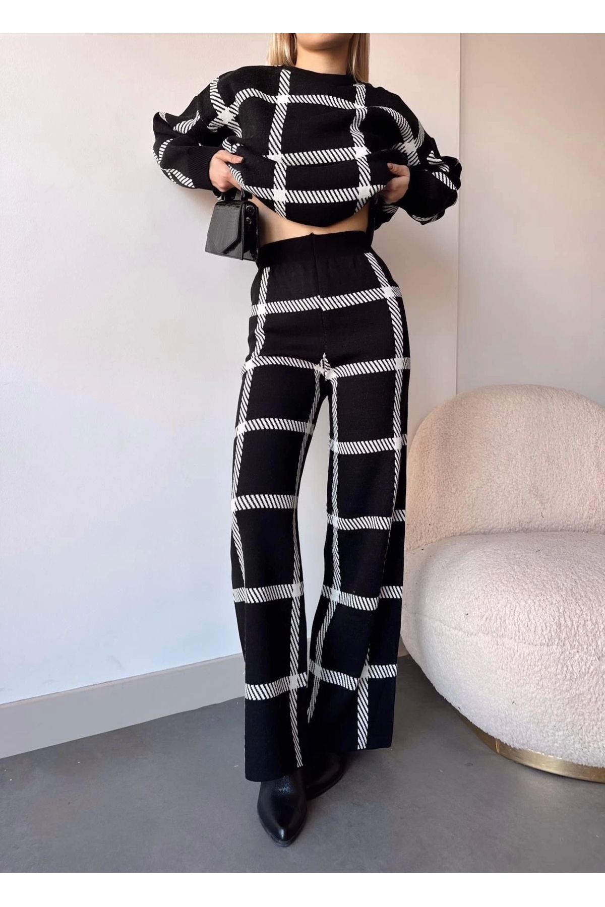 ufukmoda Ekoseli triko takım siyahbeyaz