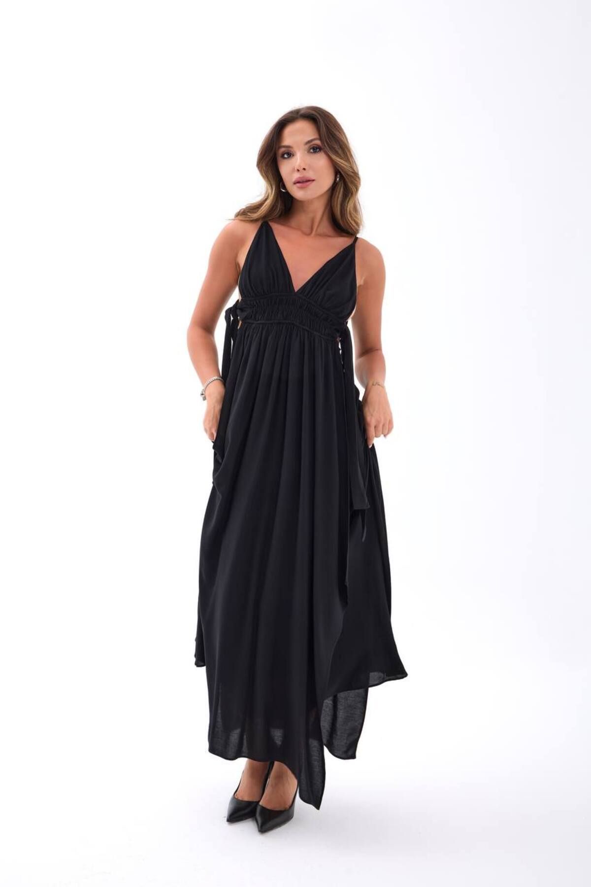 Castivo Fashion yandan Bağlamalı V Yaka Şifon Maksi Elbise