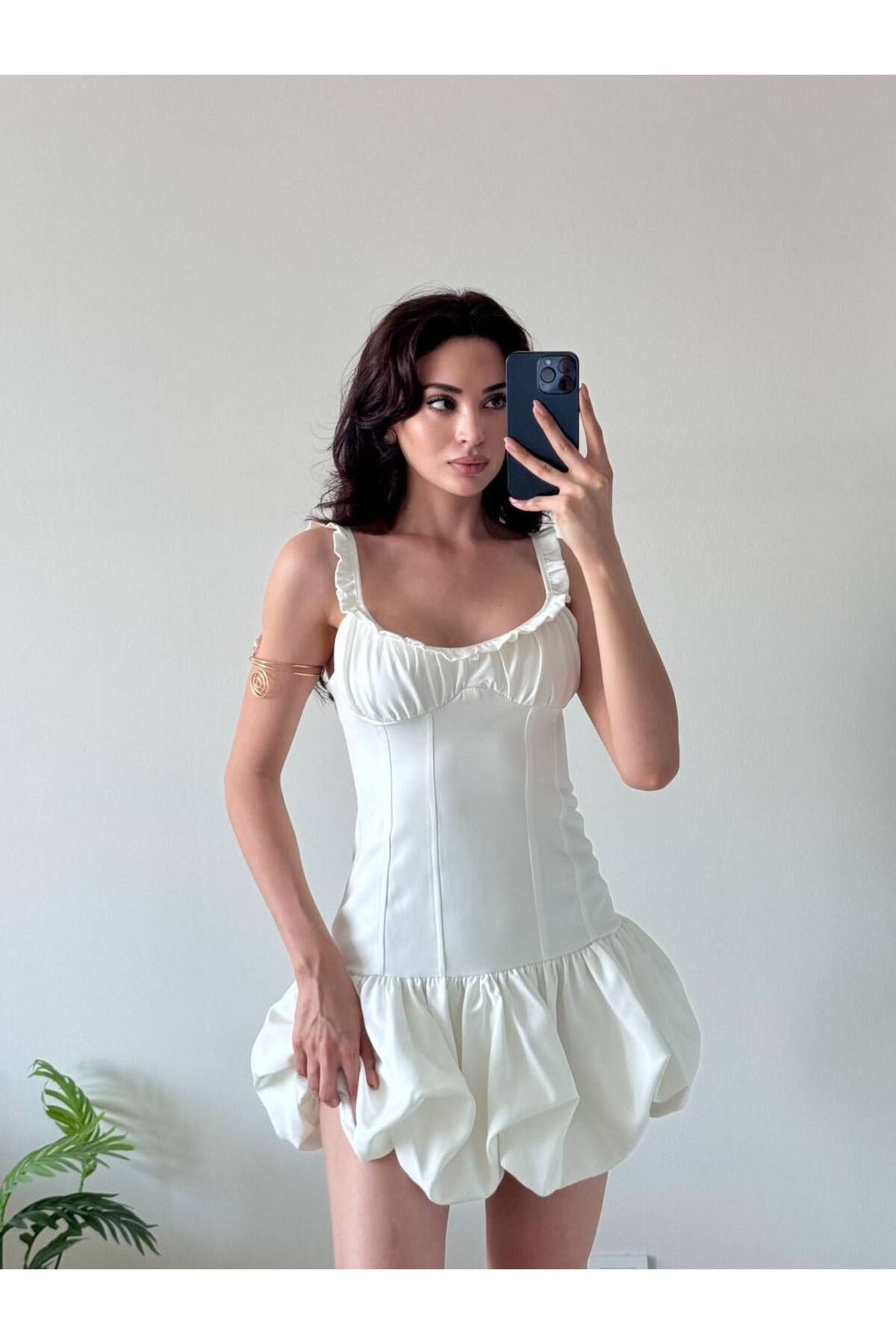 MODA NUR ETEK BALON ASKILARI FIRFIRLI DAR ELBİSE