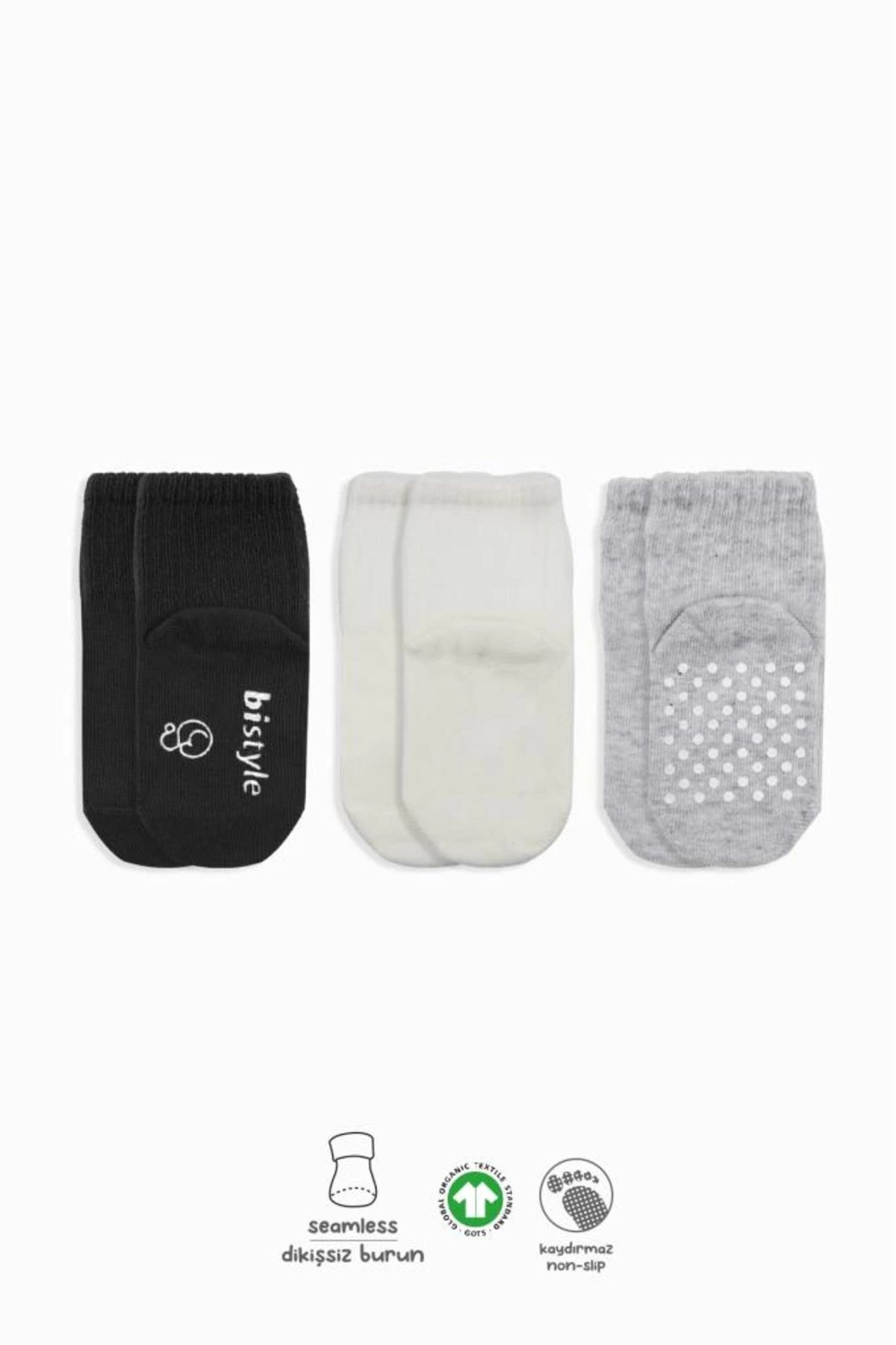 artisania Bistyle Basic Kaymaz Penye Soket Çorap 3'Lü BS10106 Siyah Ekru Gri