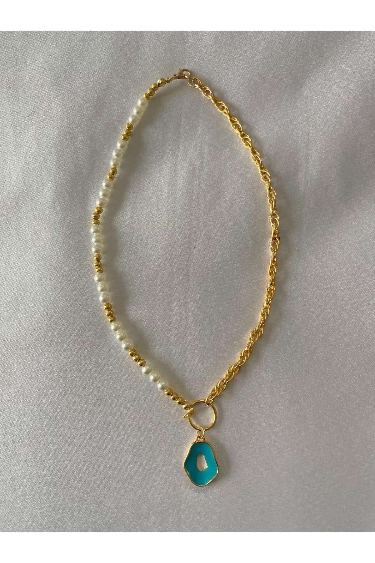 HEDİYEM EVİME Oval Temalı İncili Kolye Altın Renk