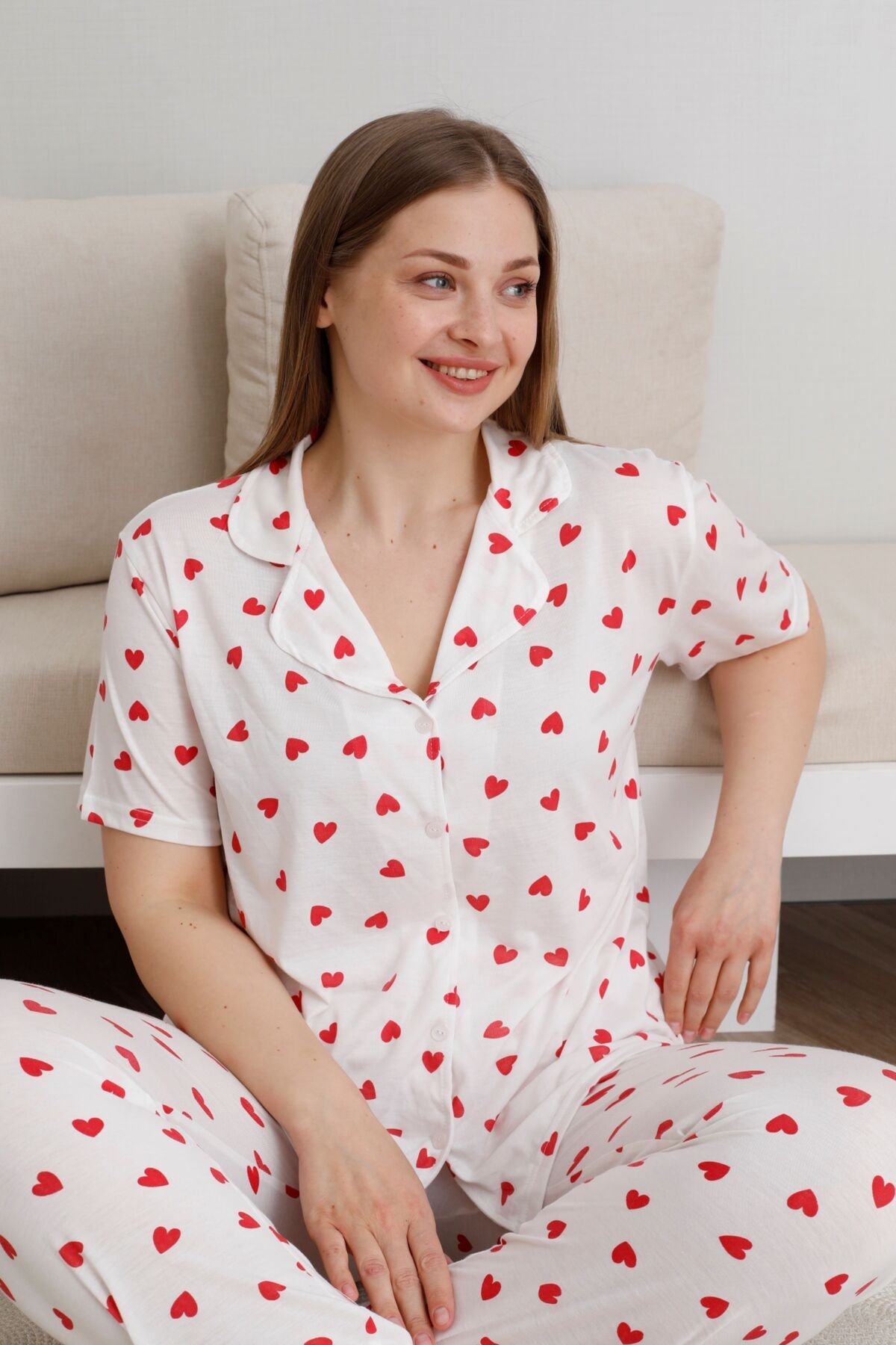 PİJAMOOD Battal Beden Kadın Kısa Kollu Kalp Desenli Pijama Takımı