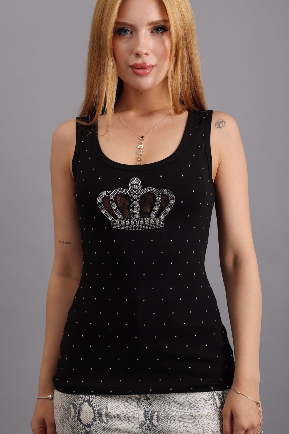 RICH GLAM Crystal Taşlı Dar Kesim Taç Dantelli Pamuk Kolsuz Kalın Askılı Tshirt Kadın Atlet Body