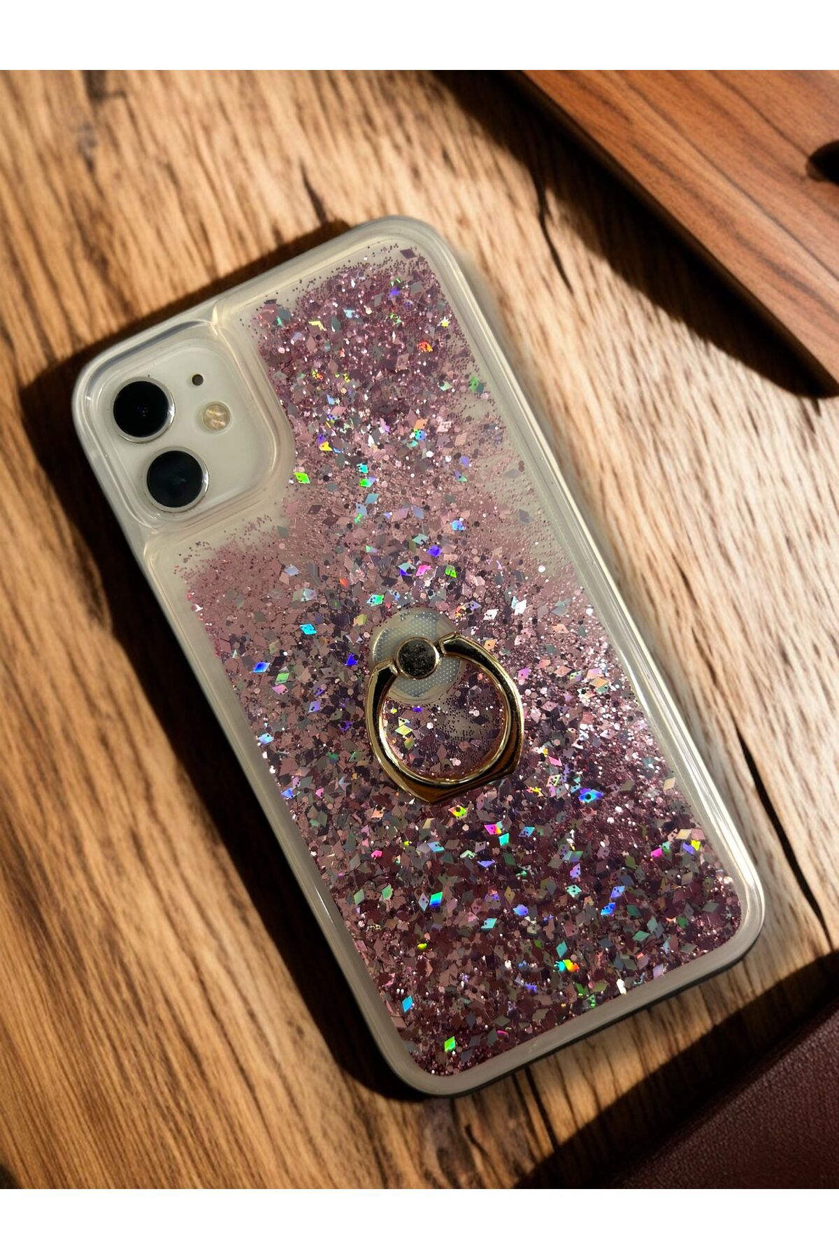 Merwish Apple iPhone 11 Uyumlu Sulu Simli Yüzüklü Standlı Parlak Silikon Kılıf Rose