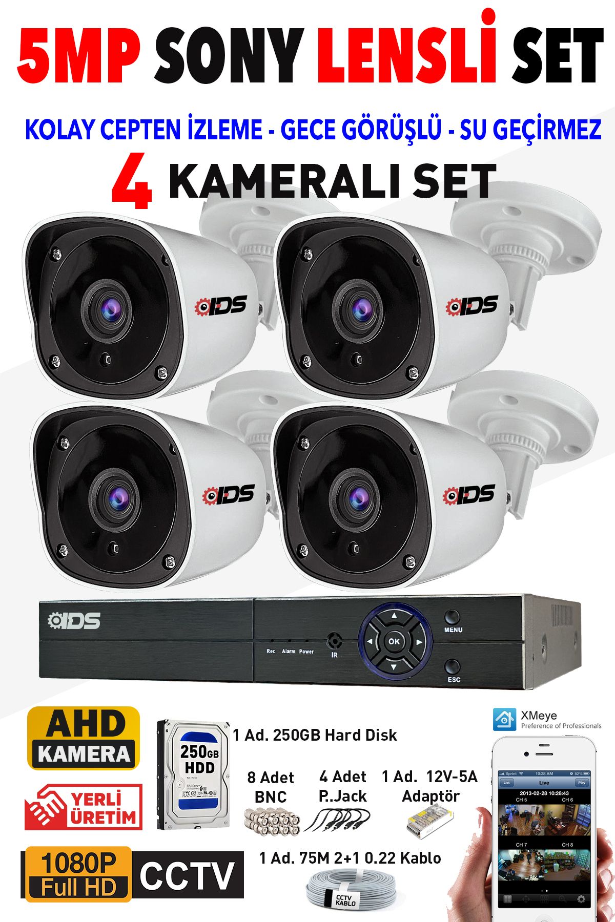 IDS - 4 Kameralı 1080P FullHD Gece Görüşlü Güvenlik Kamerası Seti - Güvenlik Kamerası Sistemi - A23