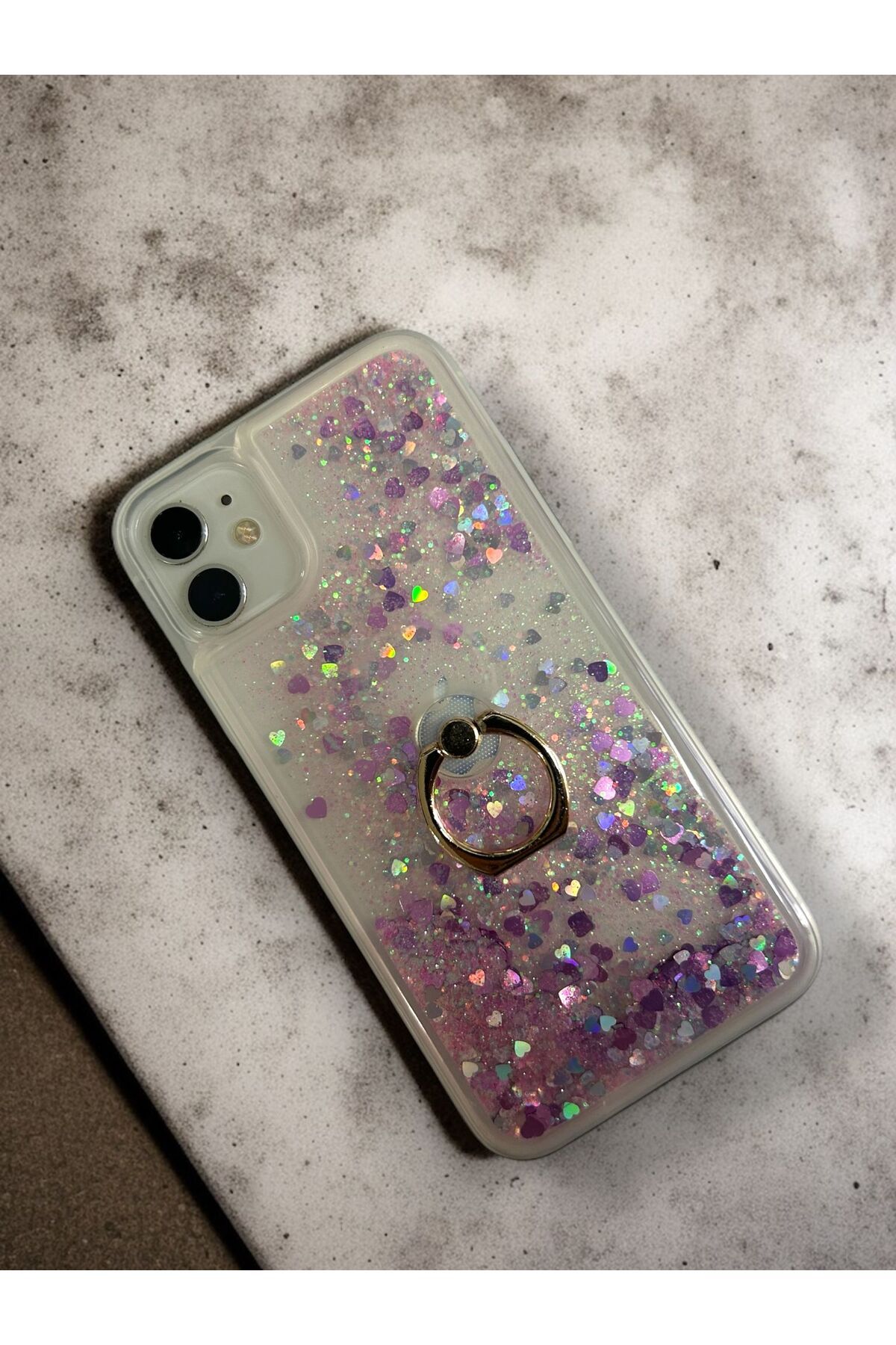 Merwish Apple iPhone 11 Uyumlu Sulu Simli Yüzüklü Standlı Parlak Silikon Kılıf Pembe