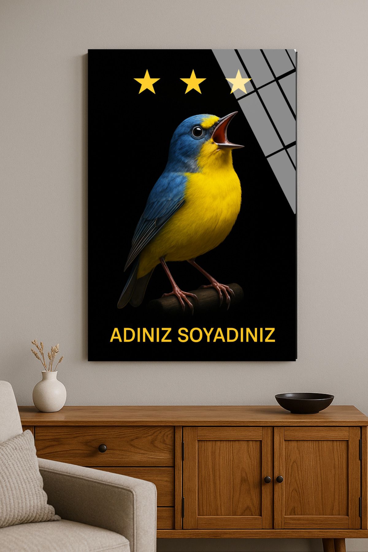 ŞAYLIĞ ART Kişiye Özel Cam Tablo - Kanarya Figürlü | 3 Yıldızlı Tasarım