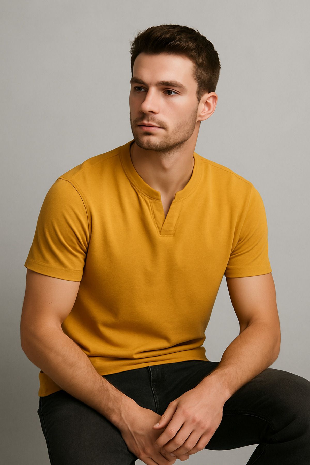 UOMOPARK KOPYA - 2124 Henley Tişört Kahverengi Düğme Detaylı Basic Casual T shirt