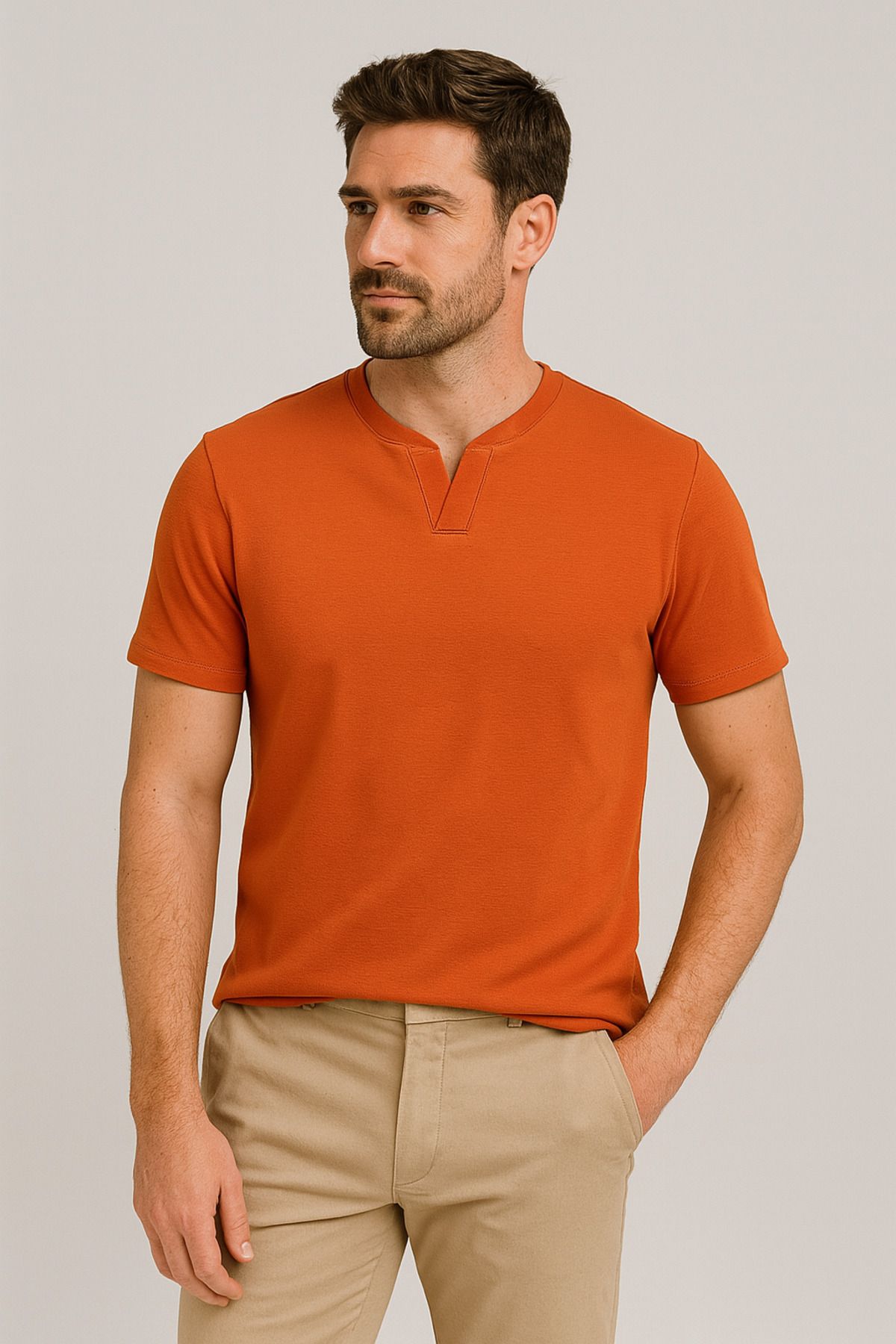 UOMOPARK KOPYA - 2124 Henley Tişört Kahverengi Düğme Detaylı Basic Casual T shirt