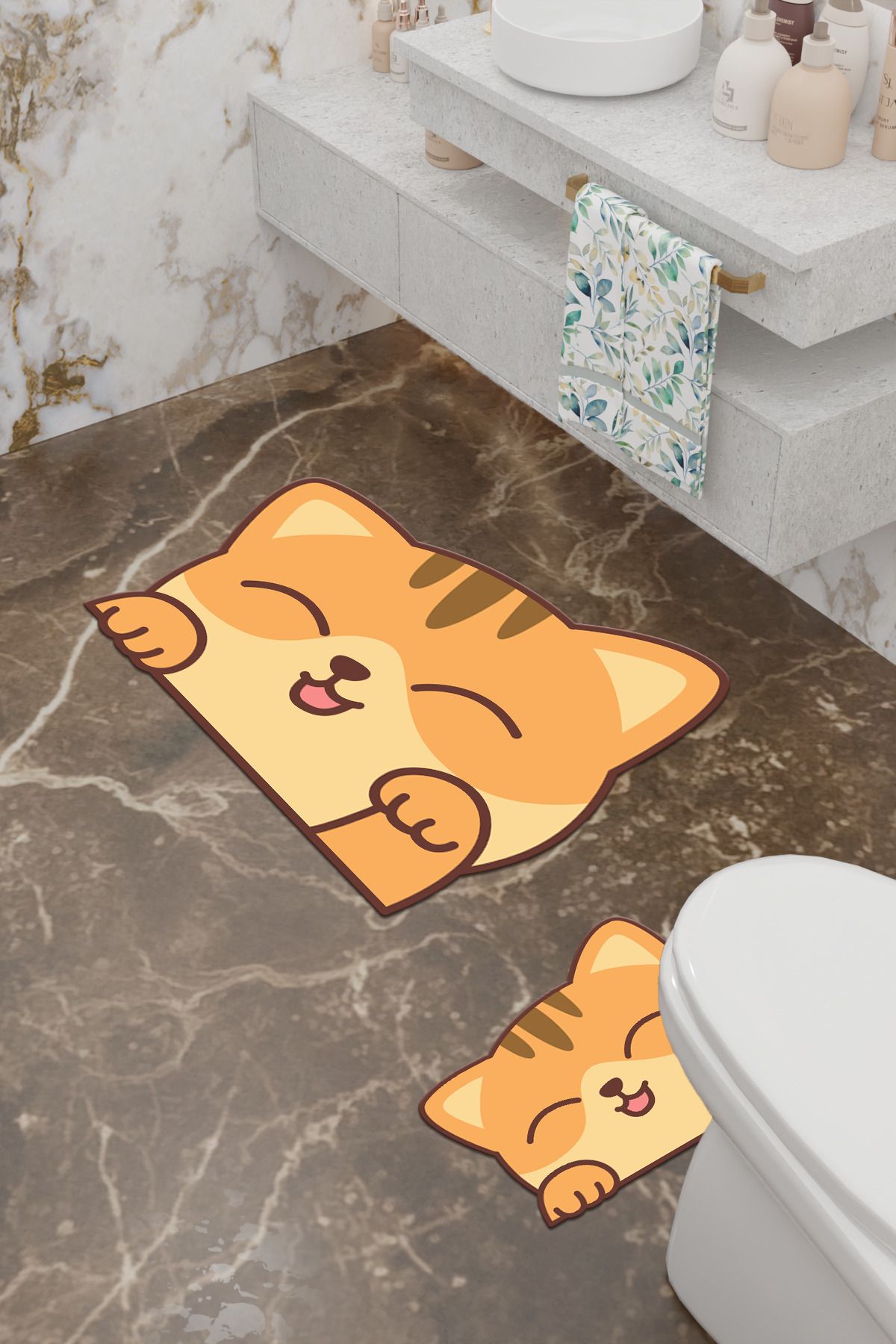 Charmbi-Tatlış Cat Patterned Eco Bath Mat, Non-Slip Base, Machine Washable, Digital Printing Set of 2 3