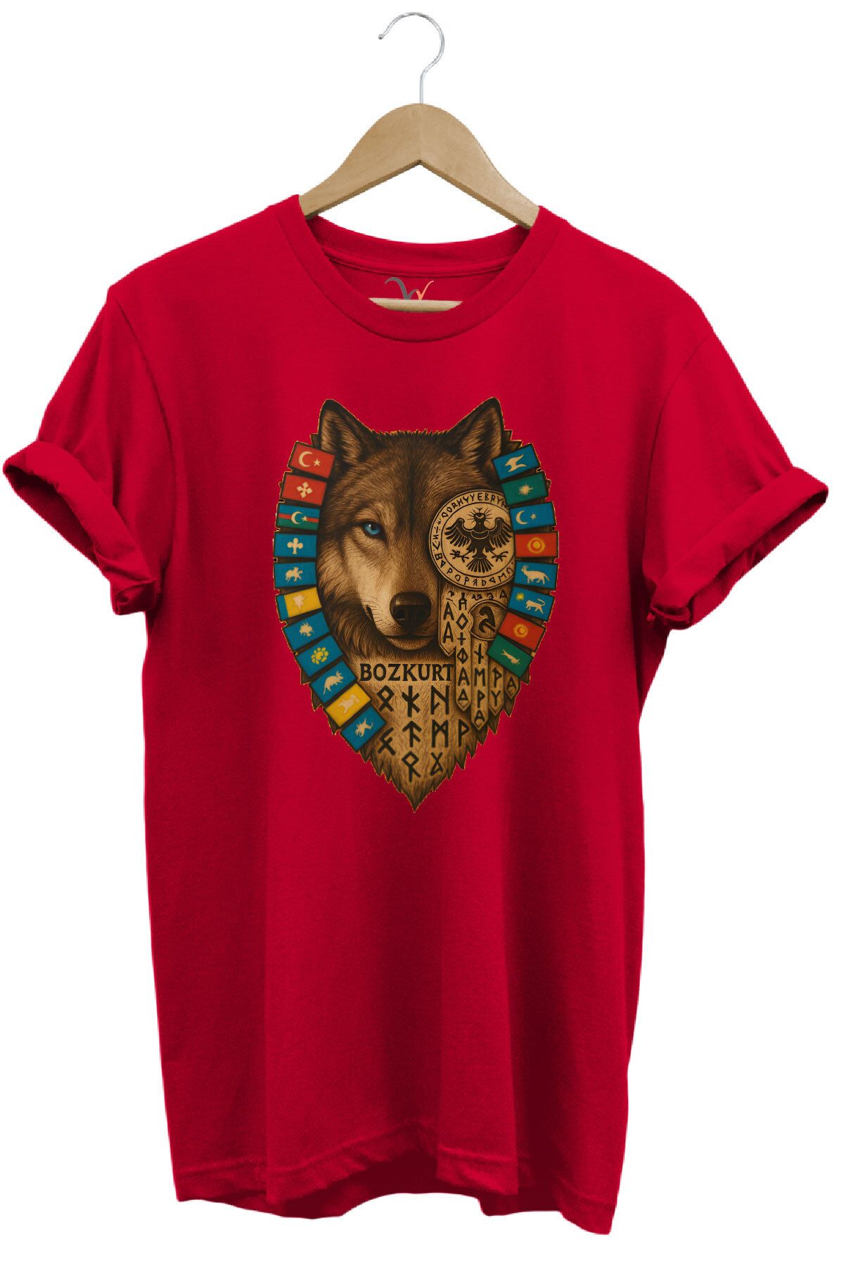 WİDİ Bozkurt Göktürk Alfabeli ve Türk Devletleri Bayrakları Baskılı %100 Pamuk Regular Fit T-shirt