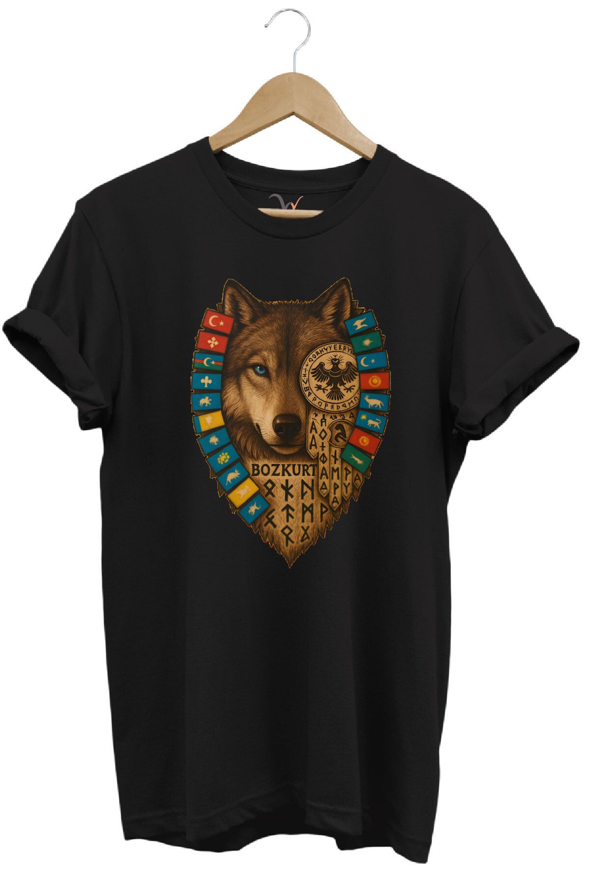 WİDİ Bozkurt Göktürk Alfabeli ve Türk Devletleri Bayrakları Baskılı %100 Pamuk Regular Fit T-shirt