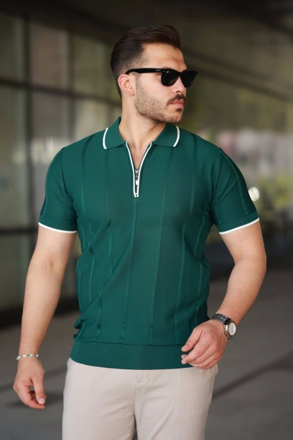 Butik Erkek Dikey Kabartmalı Örgü Dokulu Fermuar Yakalı Tişört