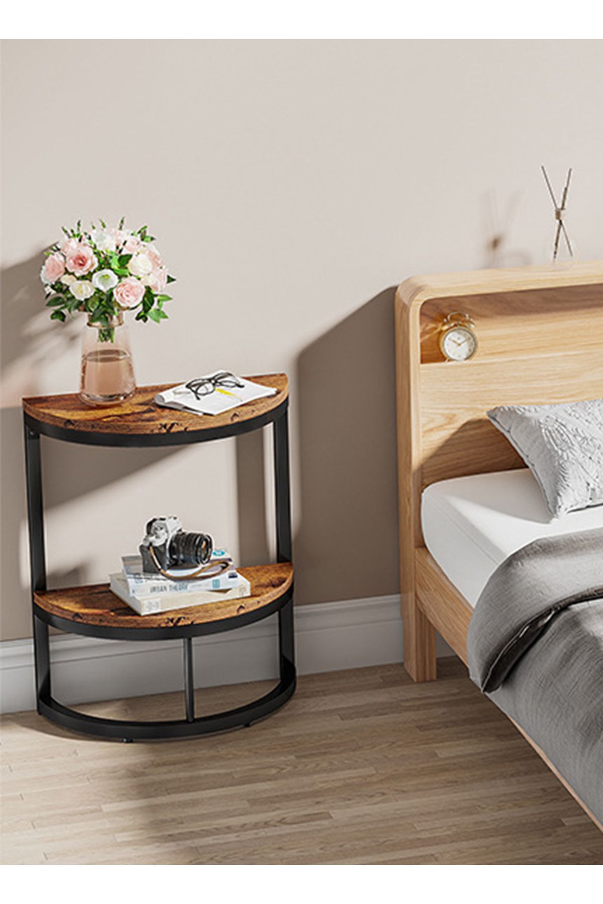 sharpdo-Modern Simple Semicircular Side Table for Bedroom, Double-Layer Storage Light Luxury Side Table 6