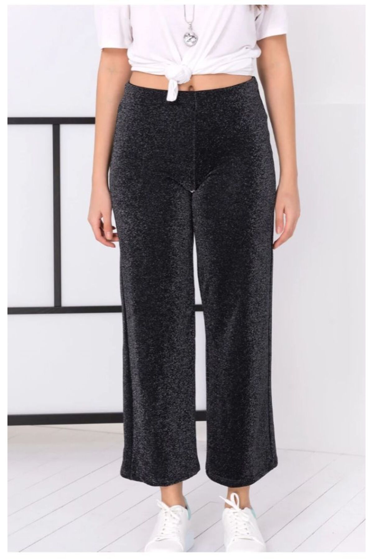 Aris collection Simli Siyah Beli Lastikli Esnek Pantolon