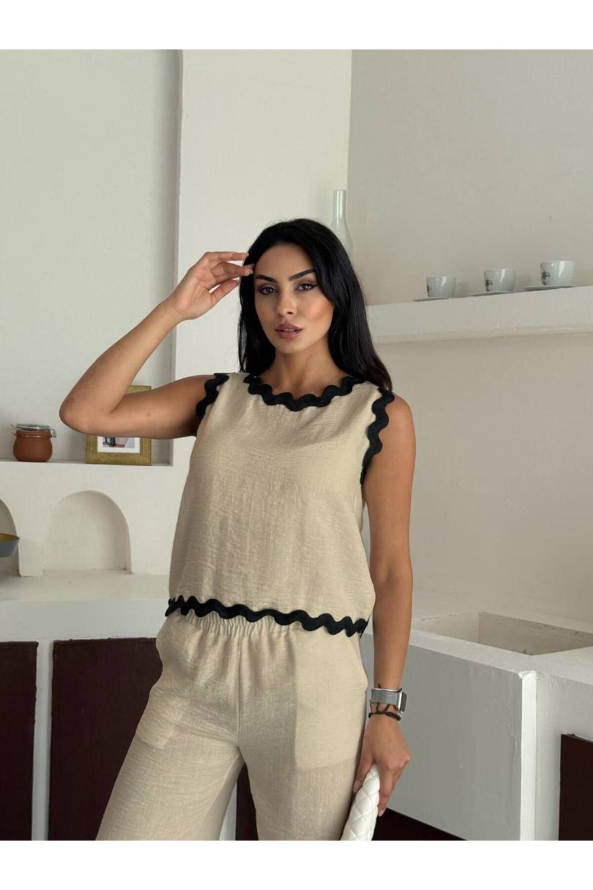jennyfer garment İTHAL KETEN KUMAŞ BLUZLU CEP DETAYLI PANTOLON