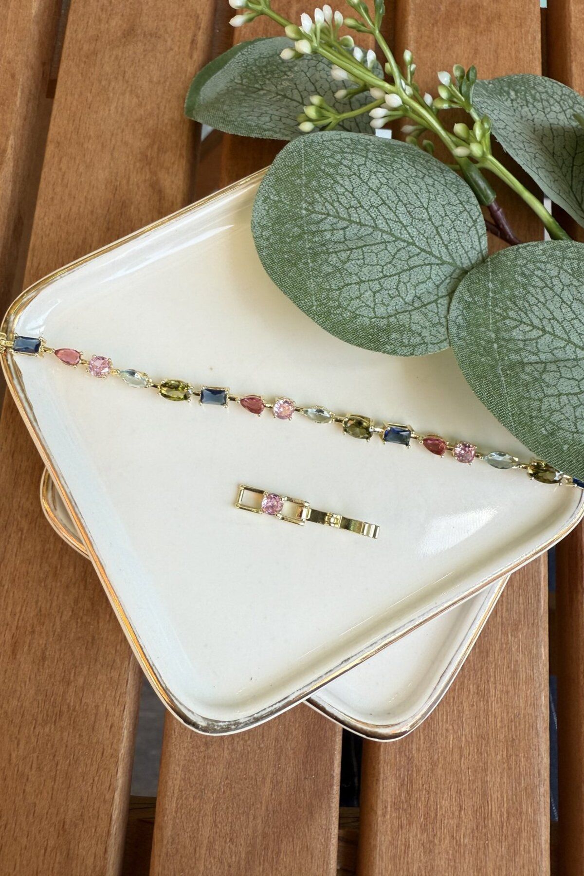 My Joyas Design 14K Altın Kaplama Renkli Farklı Taşlı Bileklik 17+2cm