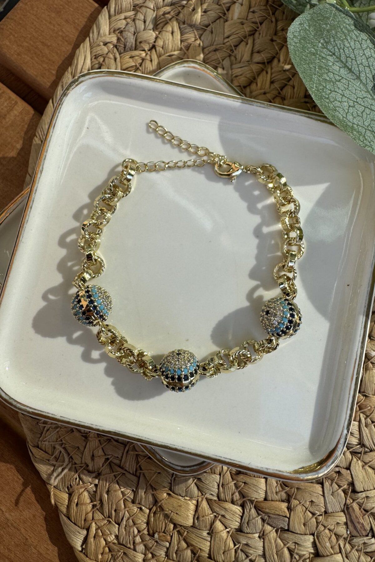 My Joyas Design 14K Altın Kaplama Zirkon Taşlı Üç Nazarlı Bileklik 17+4cm