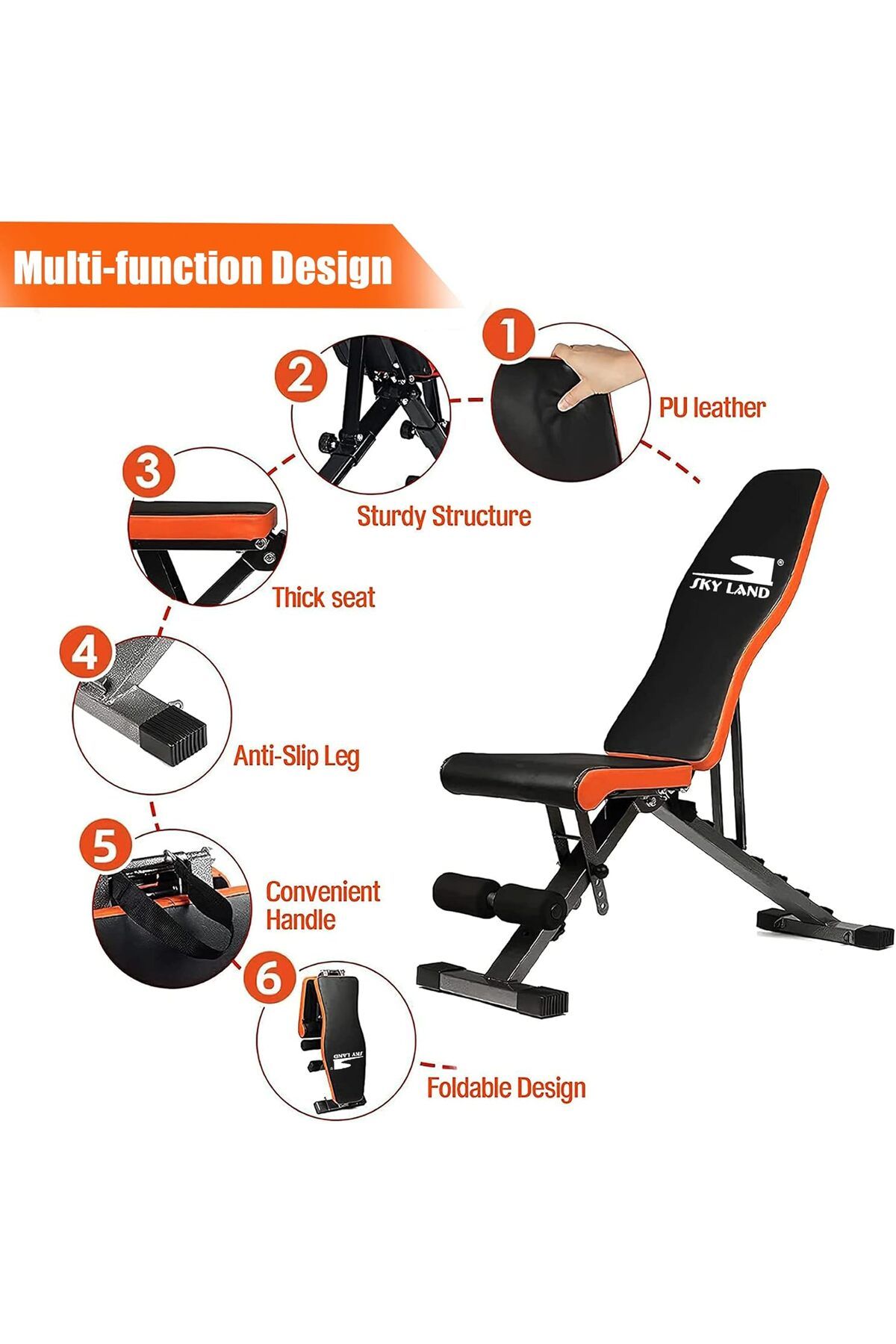 Skyland-SKY LAND Exercise Bench | Foldable & Multi-Function Adjustable Weight Bench for Home Gym | Ergonomic 7