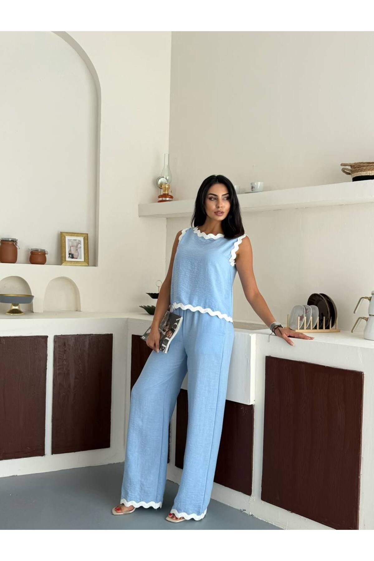 jennyfer garment İTHAL KETEN KUMAŞ BLUZLU CEP DETAYLI PANTOLON