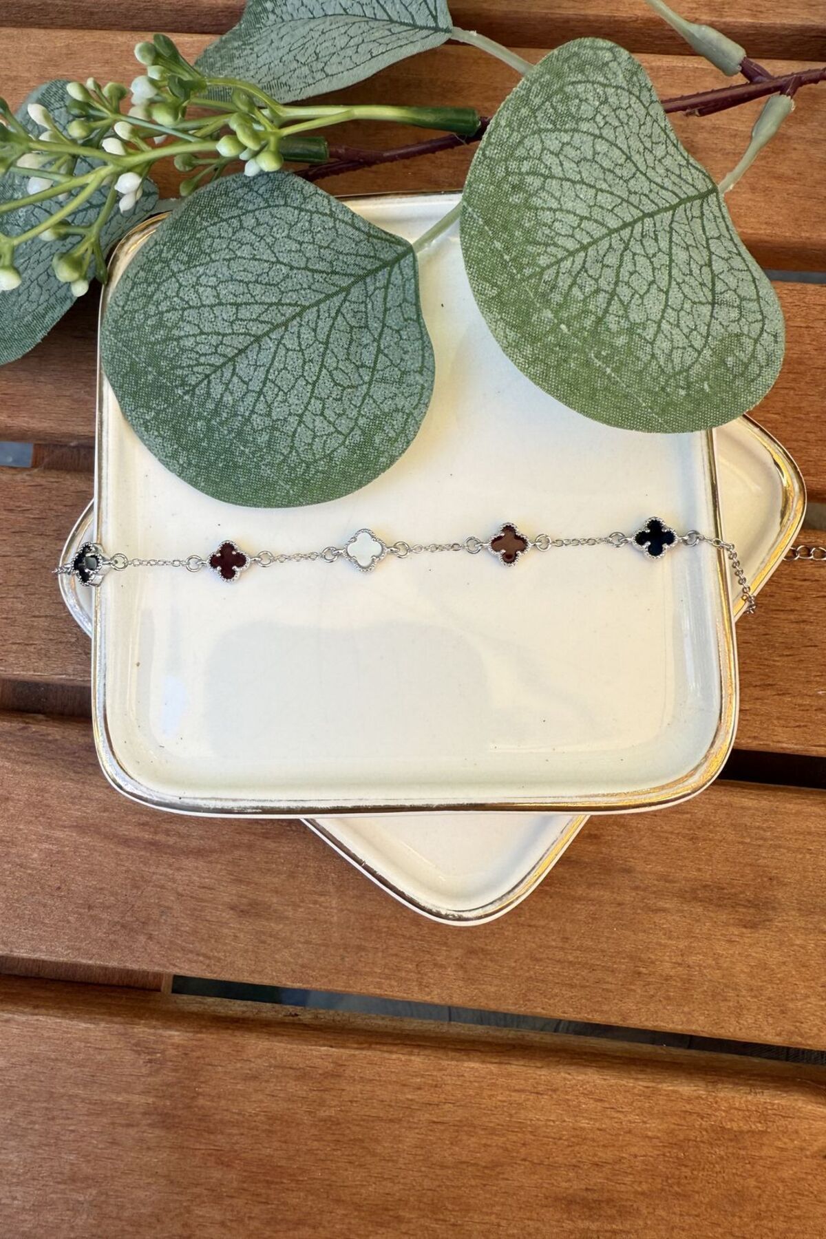 My Joyas Design 14K Altın Kaplama Siyah, Bordo, Beyaz Taşlı Minik Yonca Bileklik Silver 15+5cm