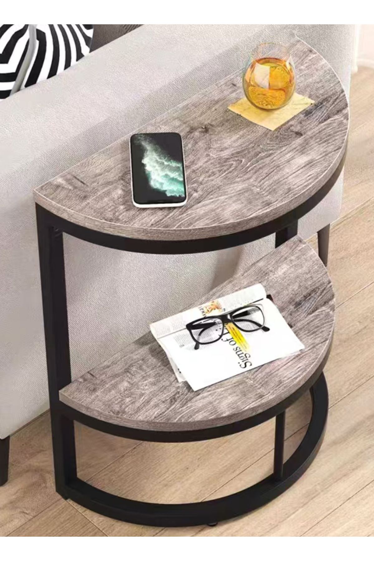 sharpdo-2-Tier End Table Semi Circle, Small Half Round Side Table with Storage Shelf 3