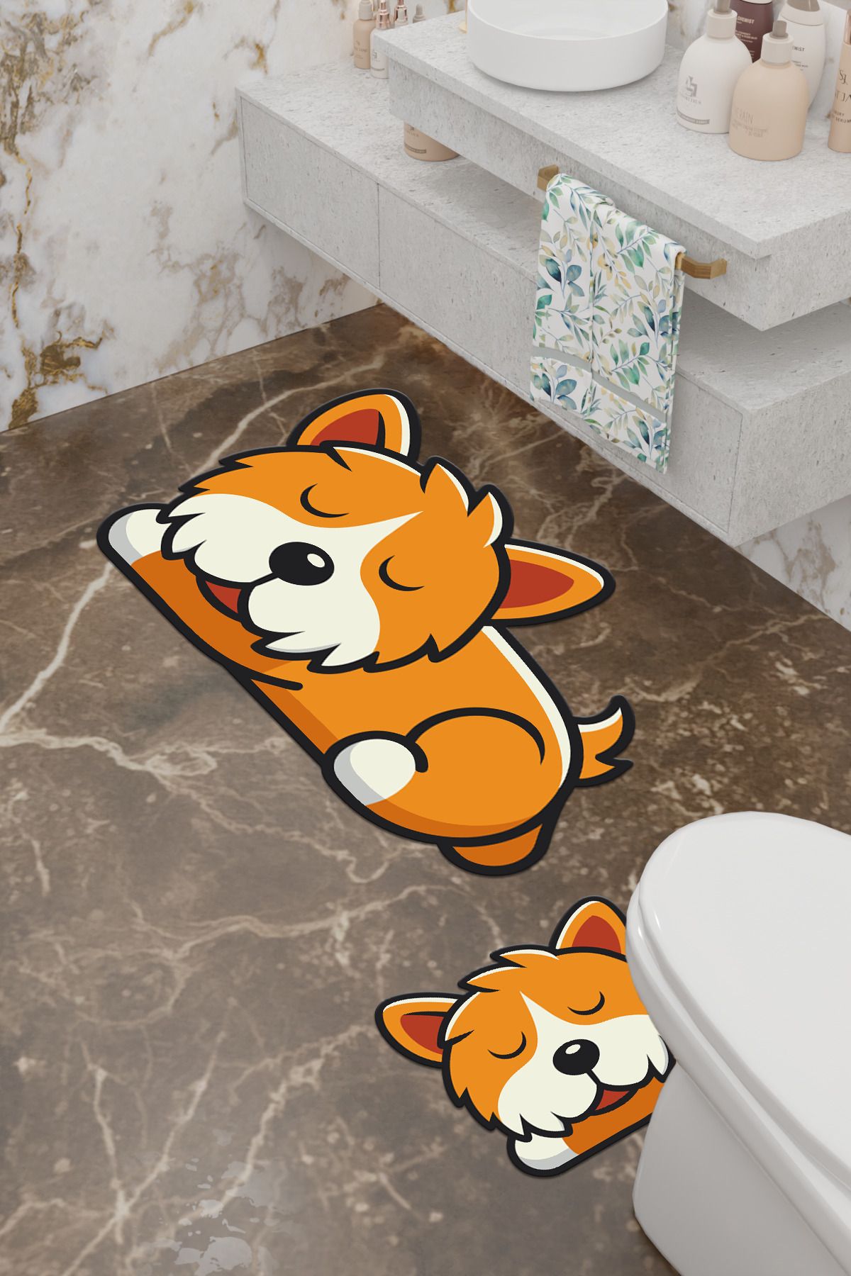 Charmbi-Tatlış Dog Patterned Eco Bath Mat, Non-Slip Base, Machine Washable, Digital Printing Set of 2 3