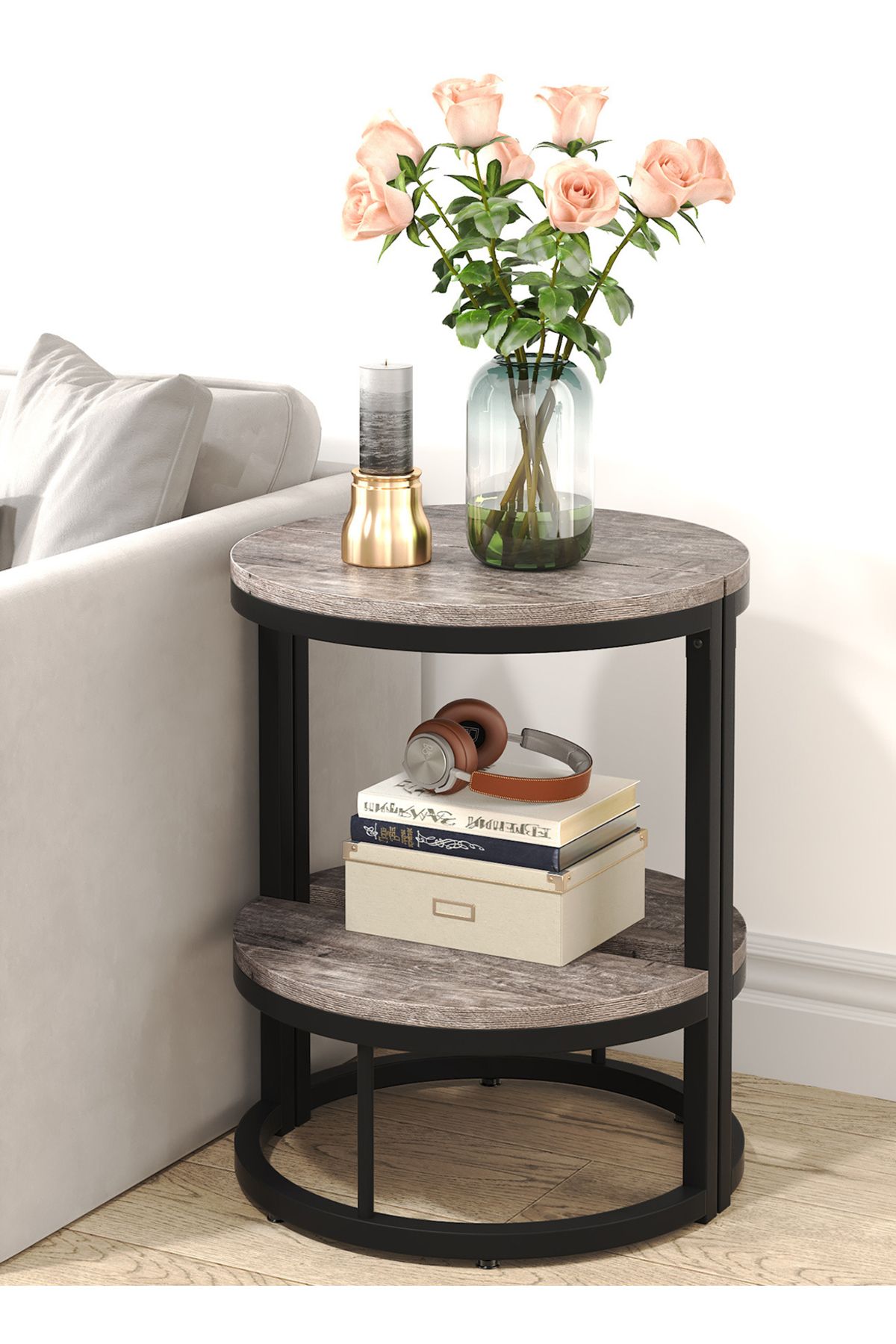 sharpdo-2-Tier End Table Semi Circle, Small Half Round Side Table with Storage Shelf 4
