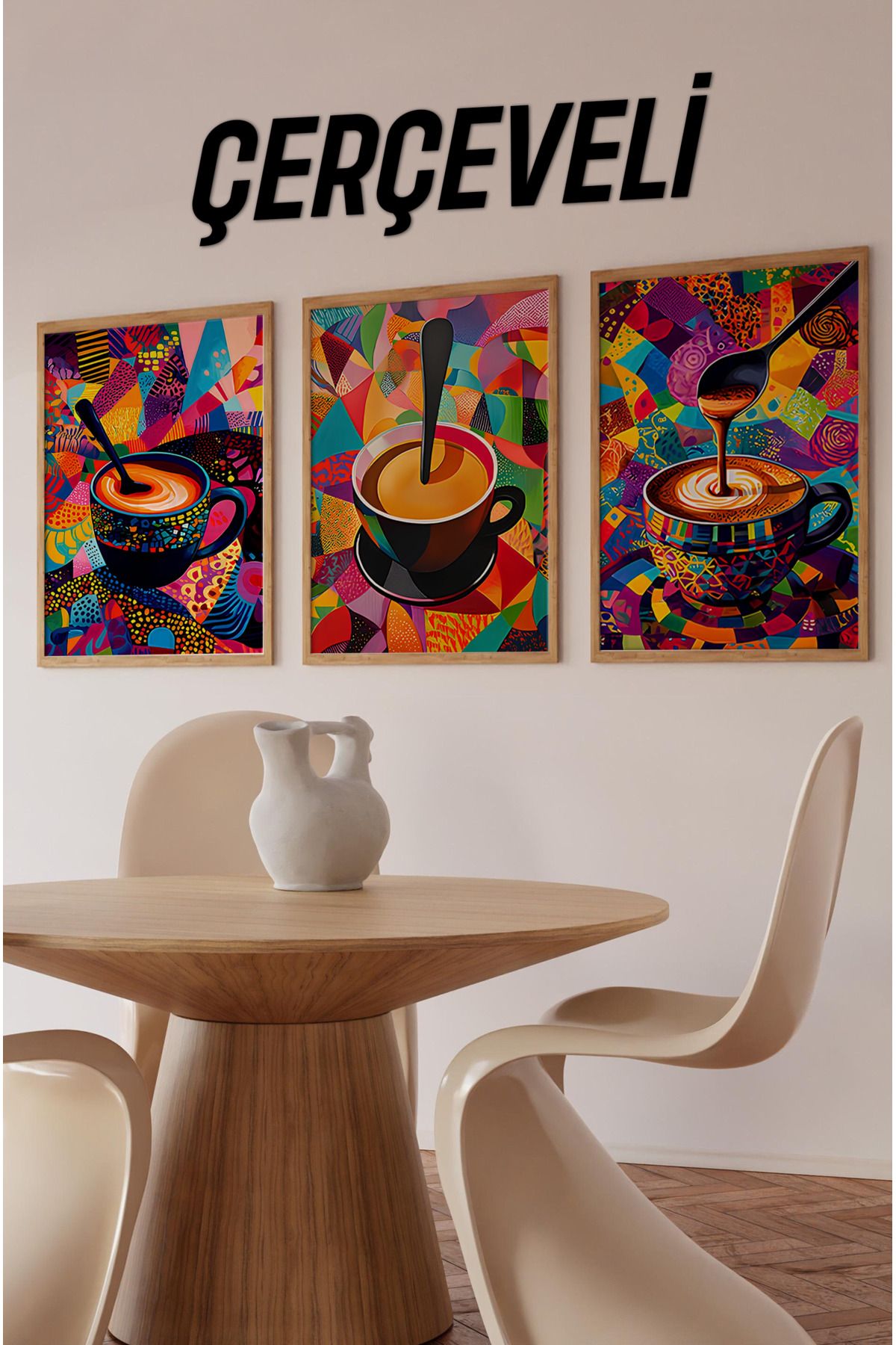 kutuTR ☕ Renkli Soyut Kahve Temalı Ahşap Çerçeveli 3’lü Tablo Seti – MDF Üzerine UV Baskılı CRV1018