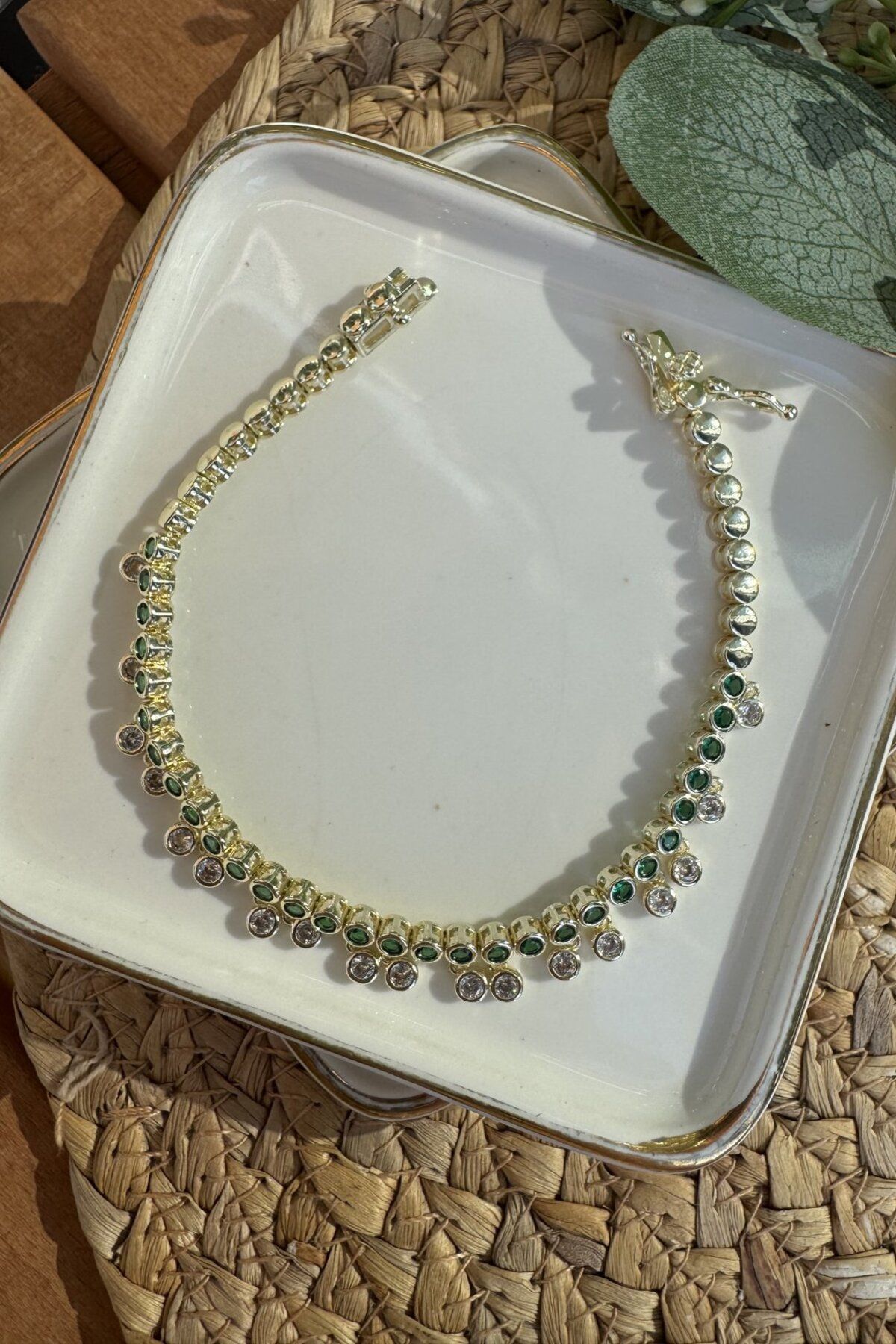 My Joyas Design 14K Altın Kaplama Minik Taş Sallantılı Yeşil Taşlı Bileklik 18.5cm