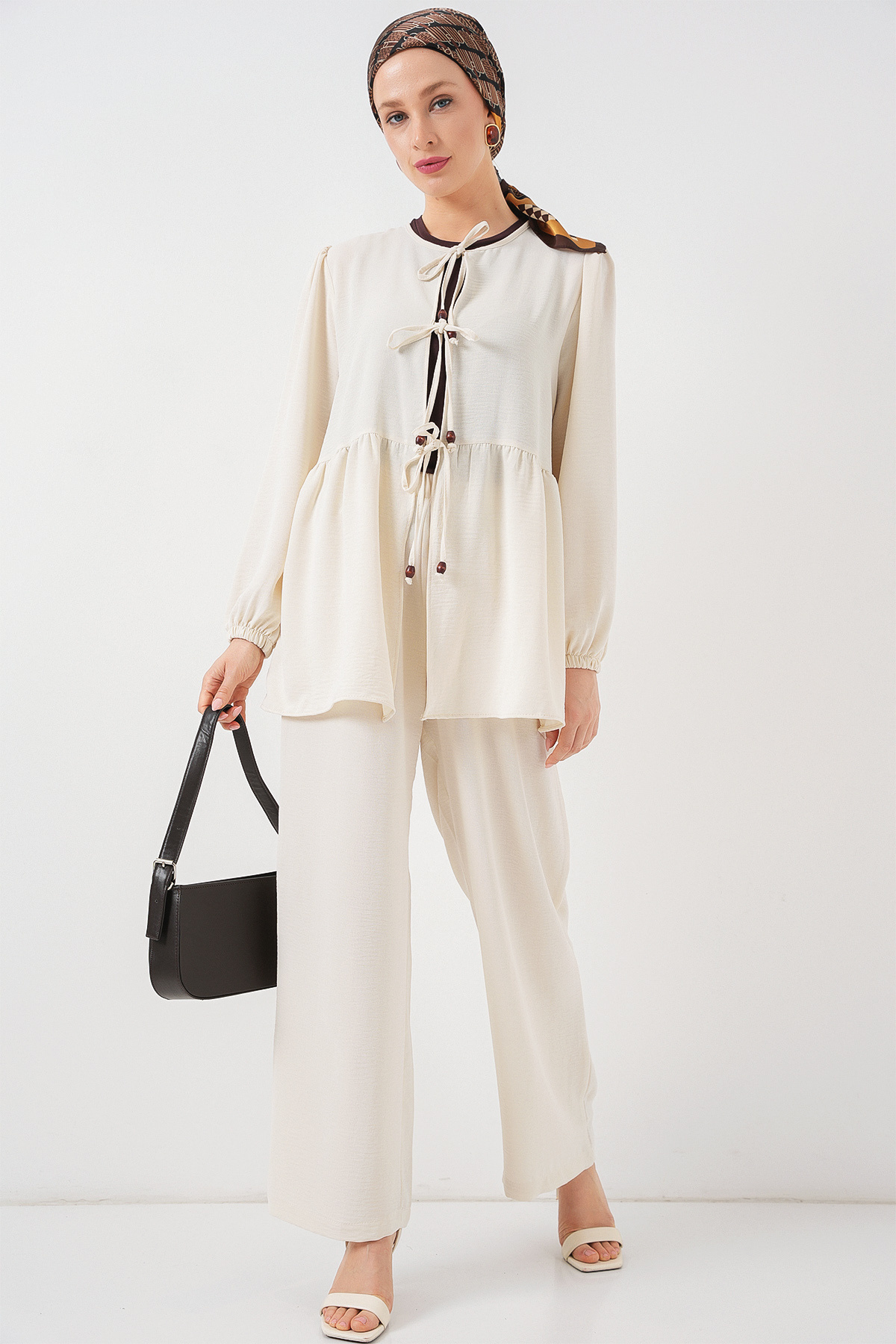 Bigdart Women's Front Lace-Up Tunic Trousers Double Set 6744 - Ecru
