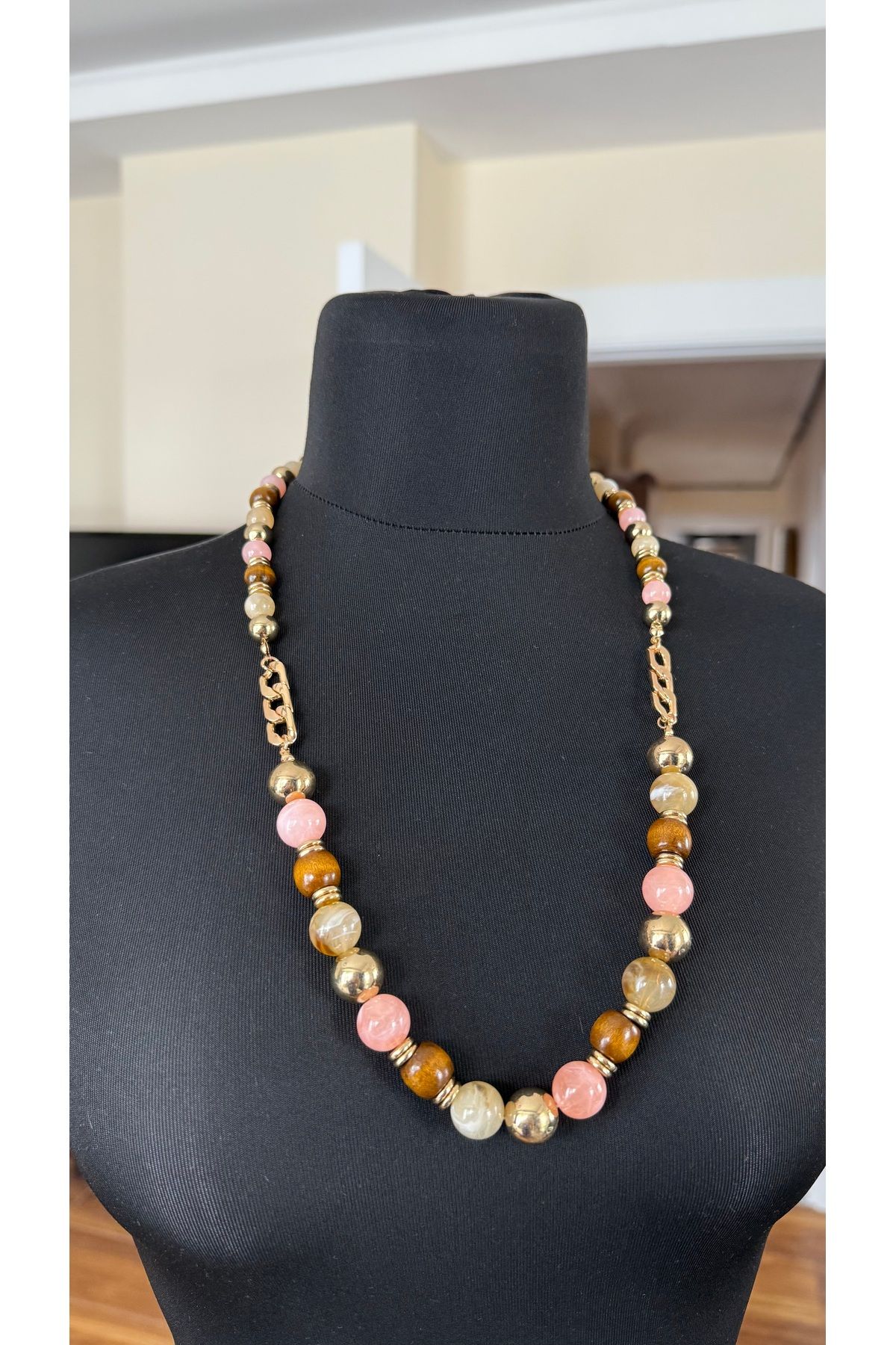Chic Charms Pembe Kahverengi Altın Boncuklu Vintage Stil Bohem Kolye