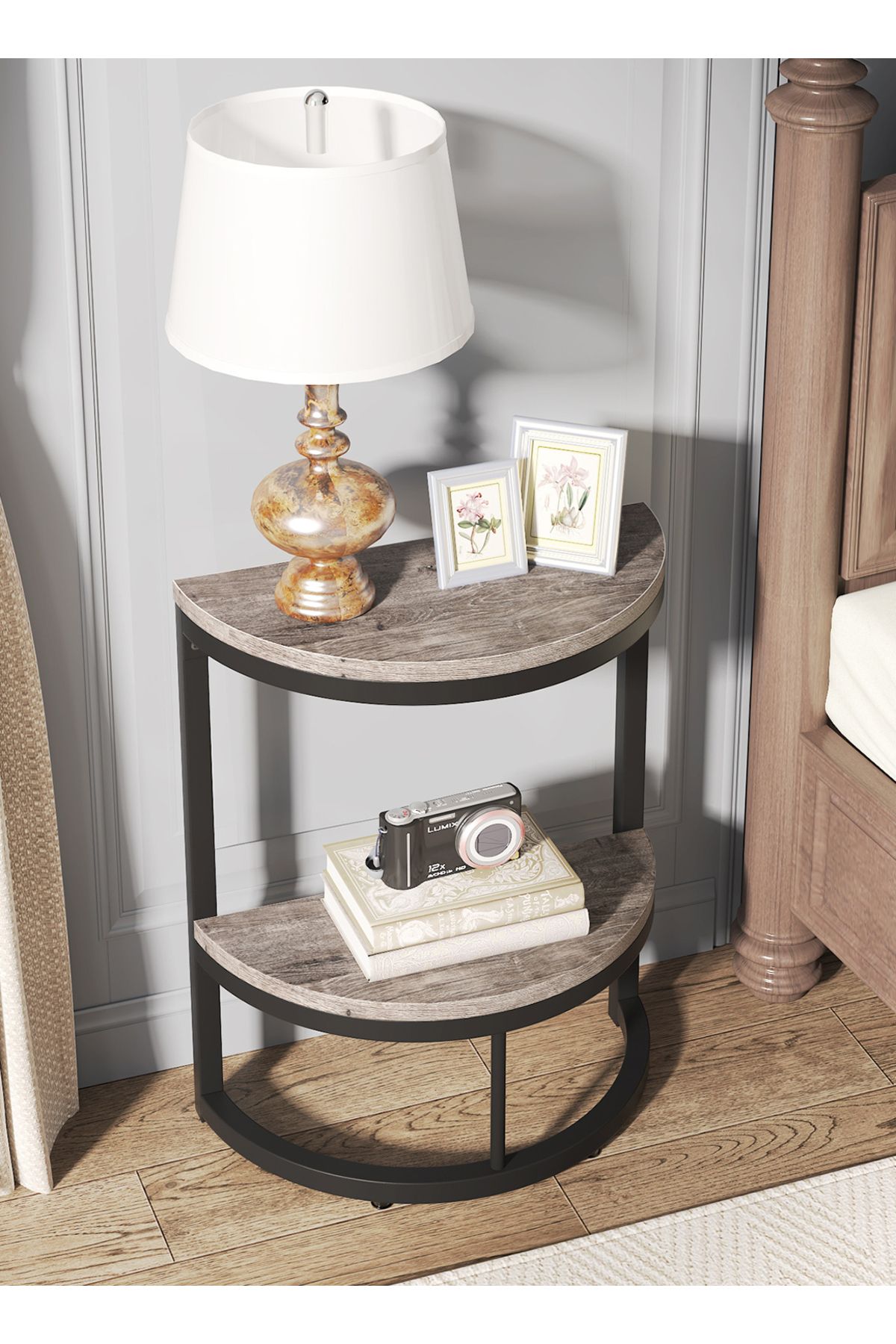 sharpdo-2-Tier End Table Semi Circle, Small Half Round Side Table with Storage Shelf 2