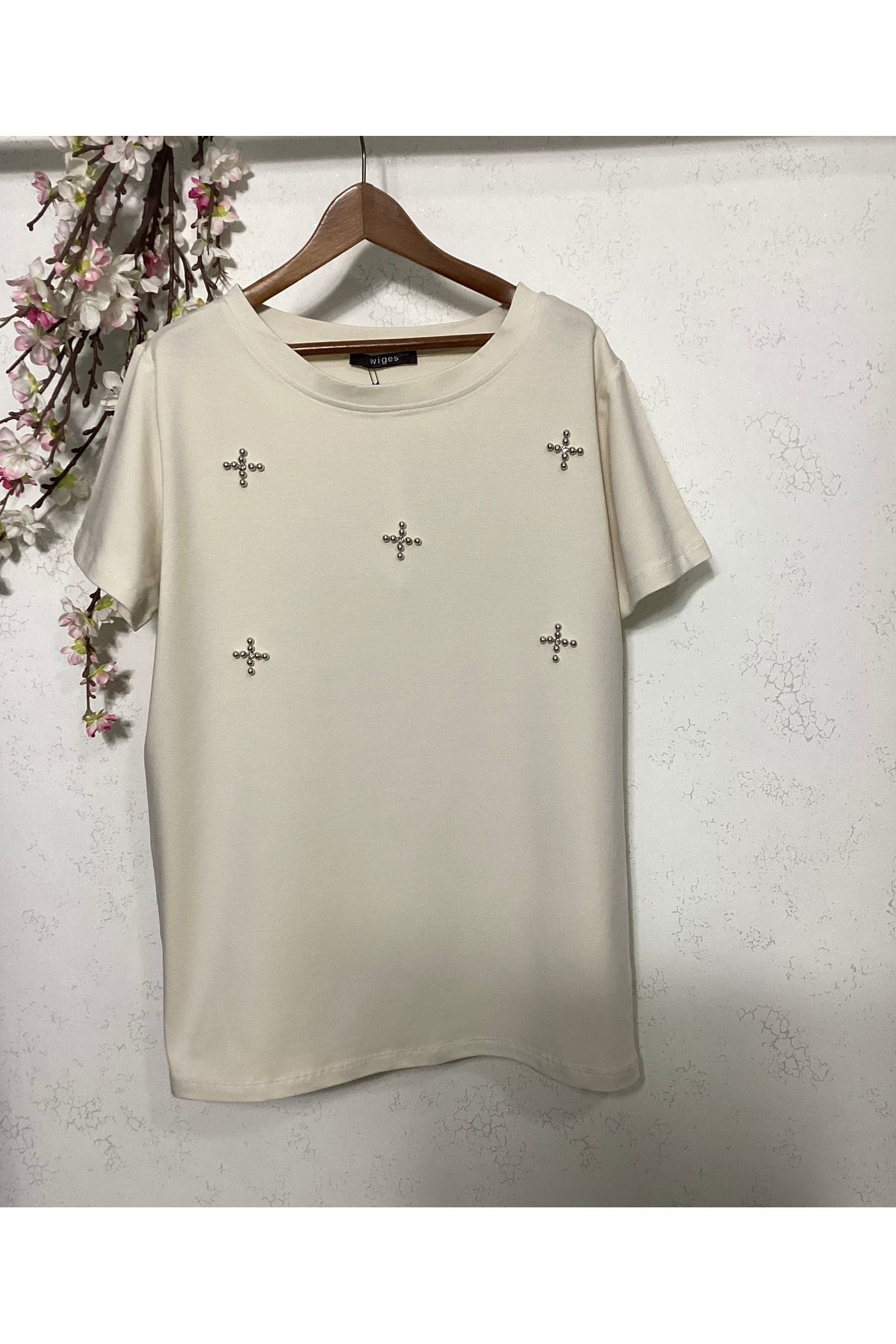 Wiges Kadın Bisiklet Yaka Taş Baskılı Özel Tasarım T-shirt