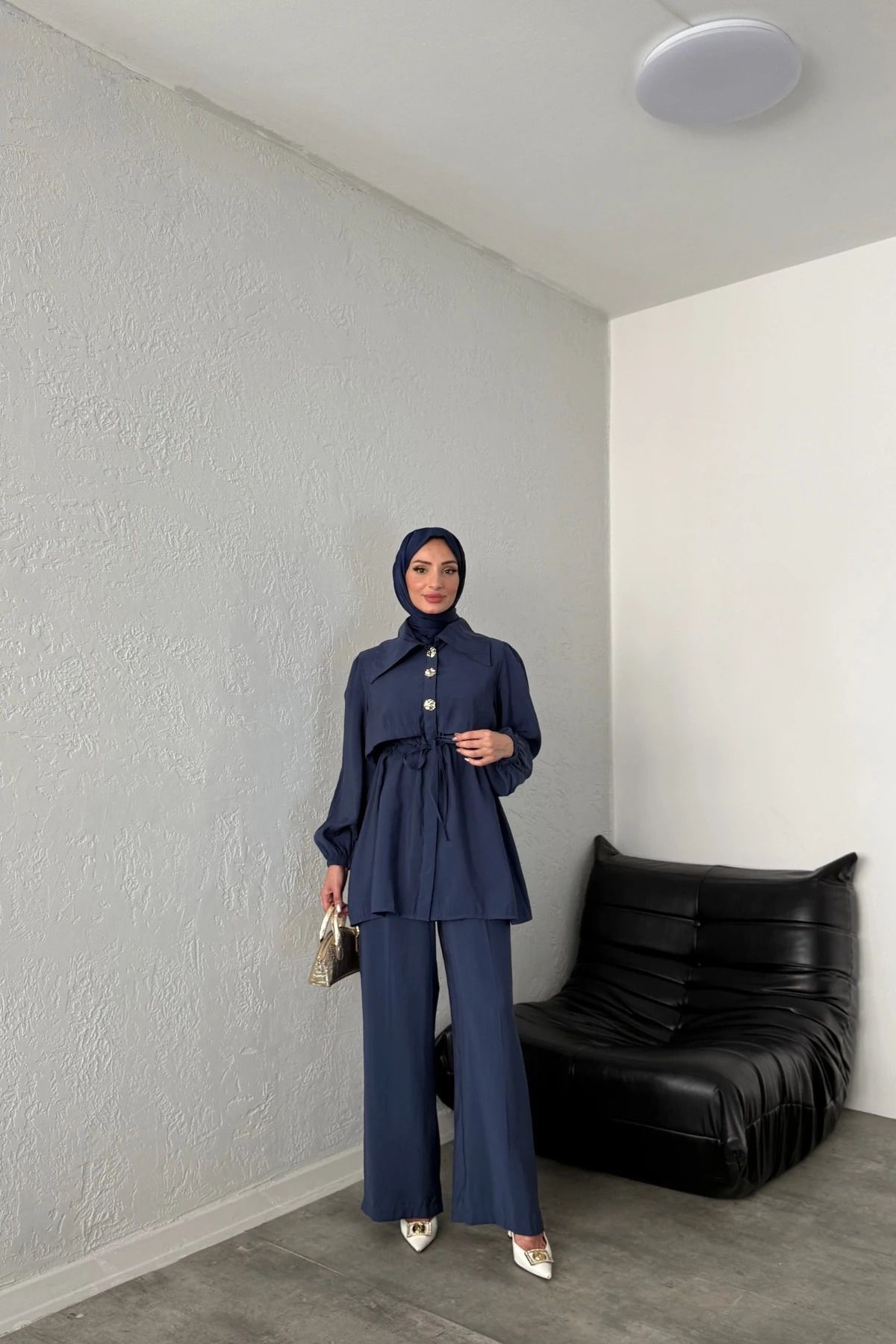 EFSUN MODA BELİ BAĞCIKLI GENİŞ YAKA PANTOLONLU İKİLİ TAKIM