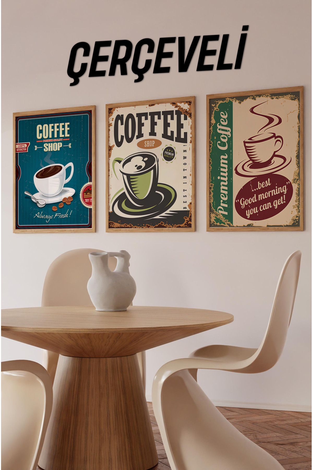 kutuTR ☕ Retro Kahve Durağı – Çerçeveli 3’lü MDF Tablo Seti (Ahşap Çerçeveli) CRV1020