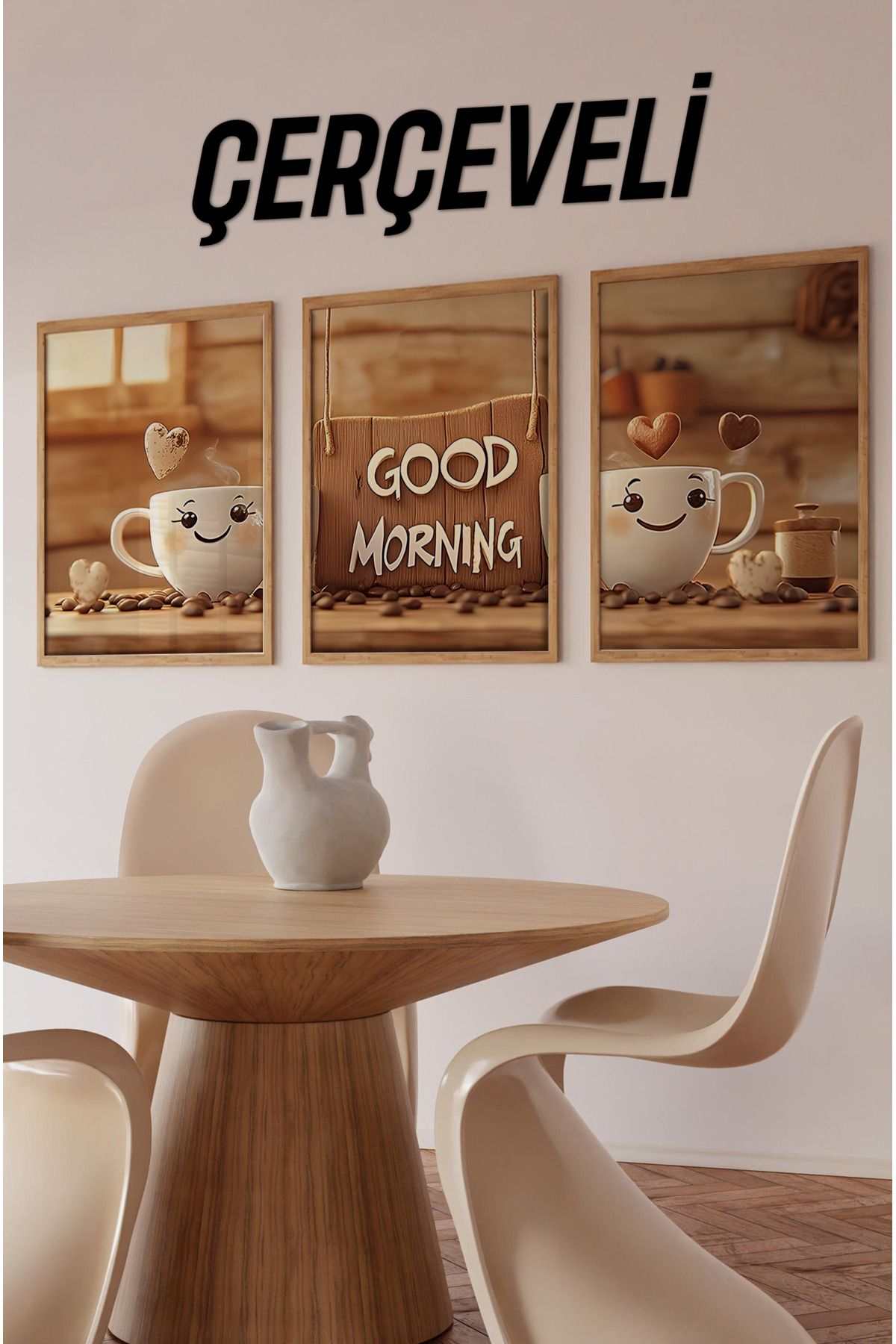 kutuTR 🖼️ Good Morning - Neşeli Kahve Temalı 3’lü Çerçeveli Tablo Seti CRV1022